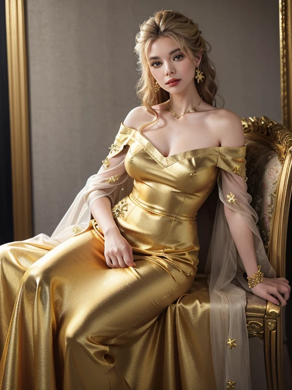 a digital painting Gustav Klimt style of a beautiful Greek goddess covered in liquid gold robe dress, a hyperrealistic painting, figurative art, in gold paint, gold liquid, character is covered in liquid, fantasy art ,elegance pose, medium shot, lighting clear and soft effect ,ancient luxury room background