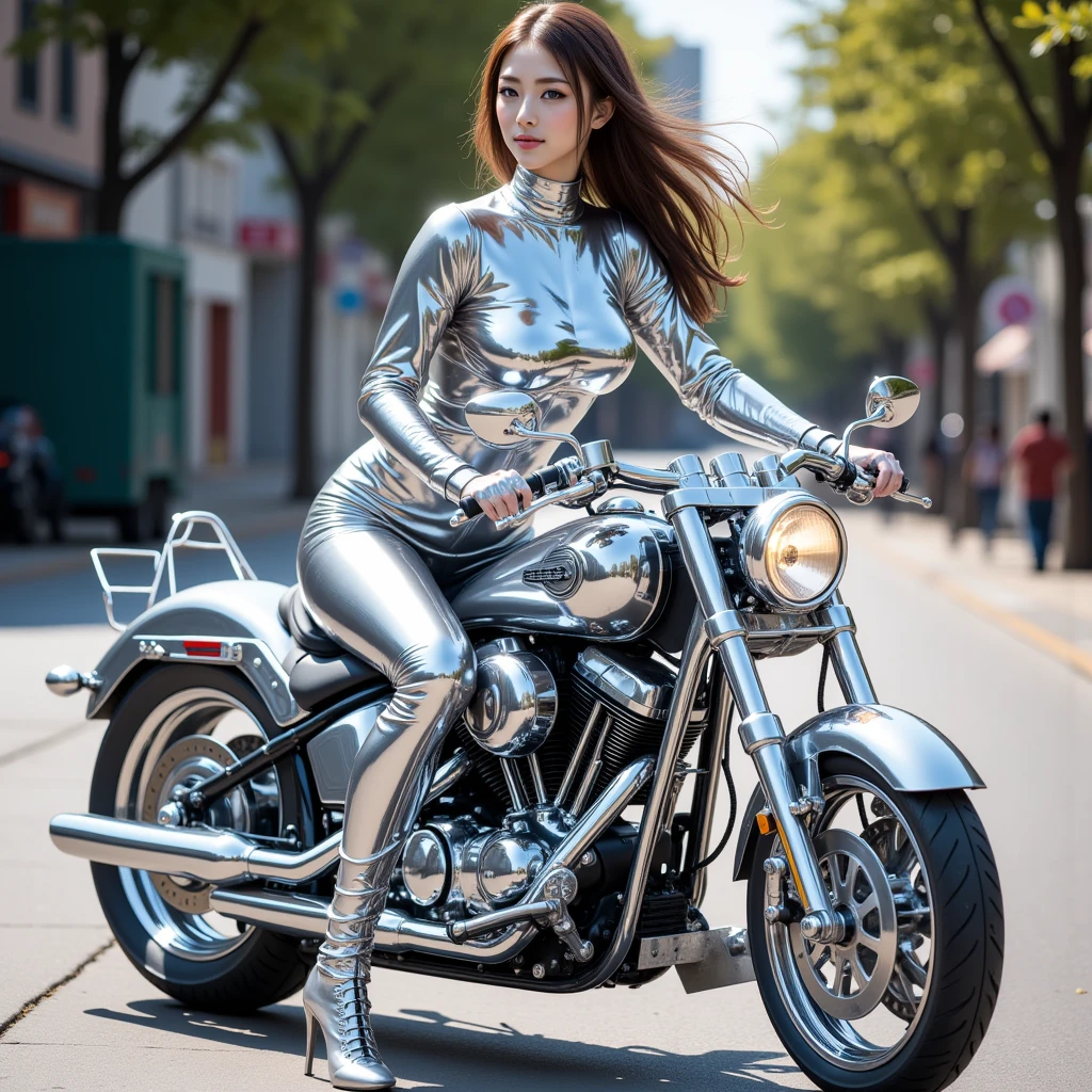 (masutepiece), Full body shot, photo of the whole motorcycle, Cute young woman in Japan, Ride an old traditional shiny metallic silver motorcycle at the wharf, glamorous shape, shoulder length shiny smooth light brown hair, Wearing a leather black riding jacket, Glossy satin red bikini under riding jacket, Leather Black Riding Gloves, Leather Black Pants, Leather Black High Heel Long Boots, staring at night view over the sea, absolutely pretty face, Double eyelids, Natural makeup, long eyelashes, Glossy lips, 8K resolution, high details, detailed hairstyle, Detailed face, Black eyes, elegent, epicd, Cinematic lighting, Octane Rendering, Vibrant, Hyper realistic, Fair skin, Perfect limbs, Perfect Anatomy