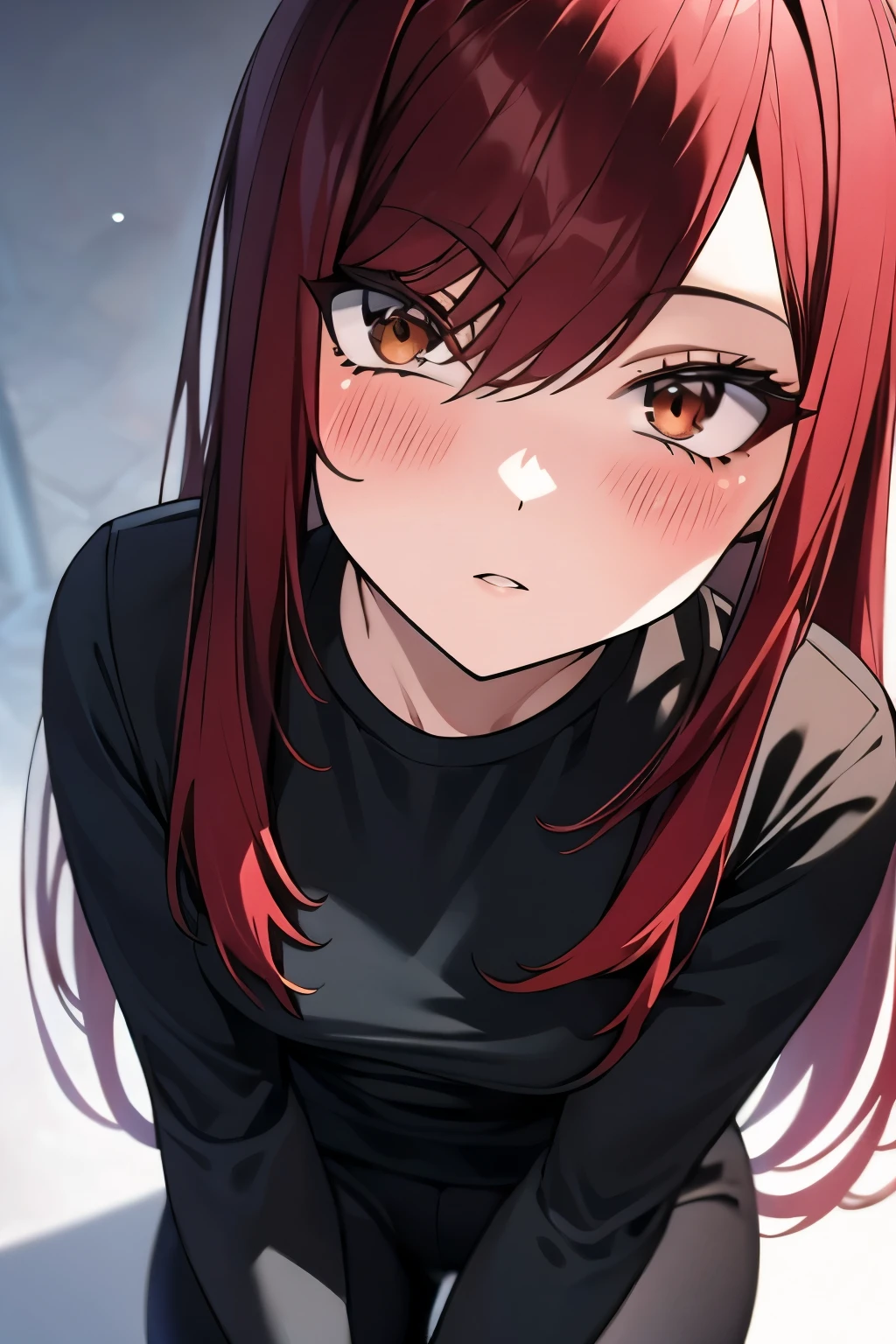 absurdres, highres, ultra detailed, Erza scarlet ,blush , solo, brown eyes, tight black long-sleeve t-shirt, tight black leggings, medium chest, sitting looking at viewer, long straight maroon hair. adult.
