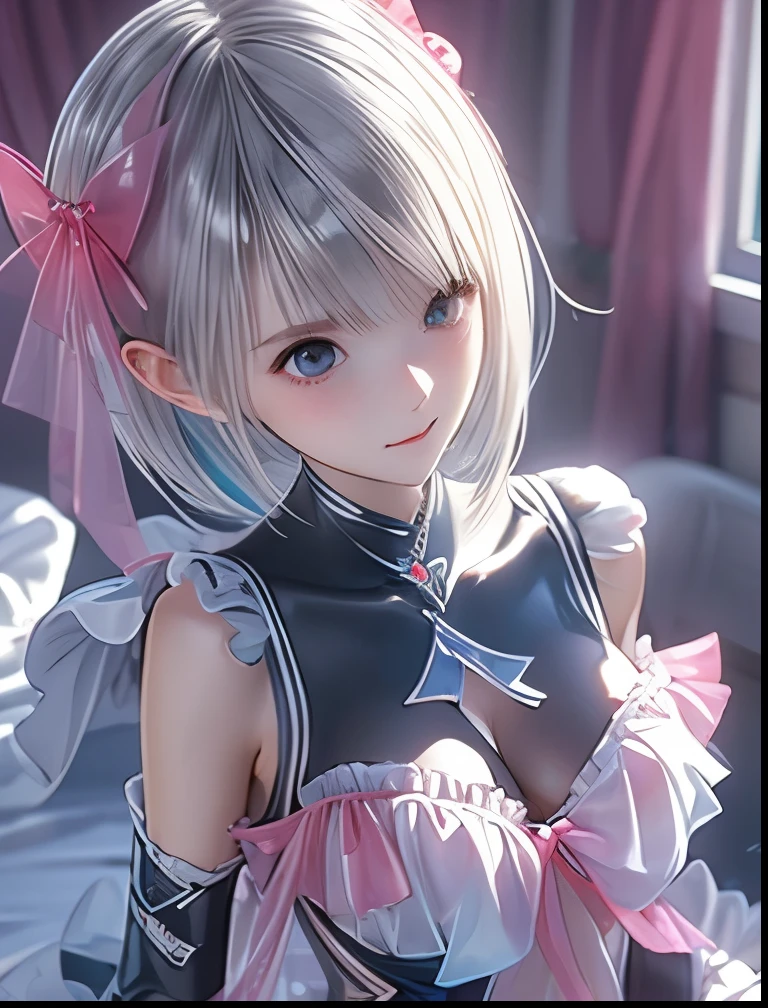 (((SFW、Accuracy、Highest quality、 A first-class masterpiece 、 Normal body 、32K、 detailed face 、 super precision 、 Normal Hands 、5 fingers、Highest、3d)))、" BLUEREFLECTION"、Hinako Shirai、 hinako、Silver-white hair、 bob cut、Heterochromia(Blue and Black)、 Odd Eye(Blue and Black)、Transformation Magical Girl、Reflector、 short、Big Breasts、 slender、 slim、 racy see-through leotard ballet clothes、 Racy Sheer Miniskirt 、Half naked、Muscle Exposure、Navel exposed、Wrapping Ribbon、ribbon underwear、Ribbon Bondage、Naked Ribbon、 Valentine's Day Chocolate、 presents are for me 、Offer a gift box、cuddle pose 、Decorate Yourself 、 bedroom、happy, ashamed, blushing, smiling