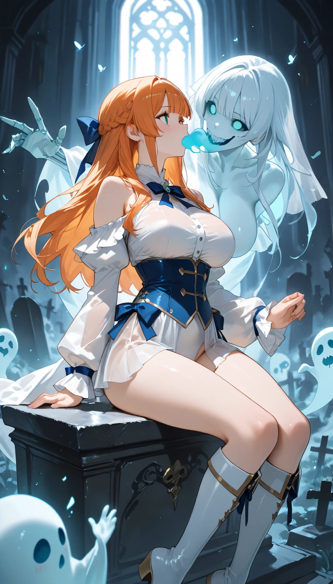 sfw, masterpiece, Best Quality, High resolution, detail hands, detail fingers, detail face, detail leg, (1girl, detail girl, 20 years old girl), (orange hair, long hair, french braid hair, blunt bangs, green eyes, large breasts), (white leotard, blue ribbon tie, see-through skirts, blue mini-skirts, blue corset, bare shoulder, white opera glooves, white over-the-knee boots:1.2), (magical girl), (fantasy, graveyard, skeletons, ghosts), (Ghost, attacked by Ghost, Ghost Invasion, Ghost goes into mouth, mouth fucked by Ghost, mouth fucked Ghost, force feeding Ghost, extending from Ghost, Ghost fattening, ghost embrace, ghost posession), (emotionless, empty eyes, blush), (sitting, looking above), (puffiy nipples, cameltoe:0.7),