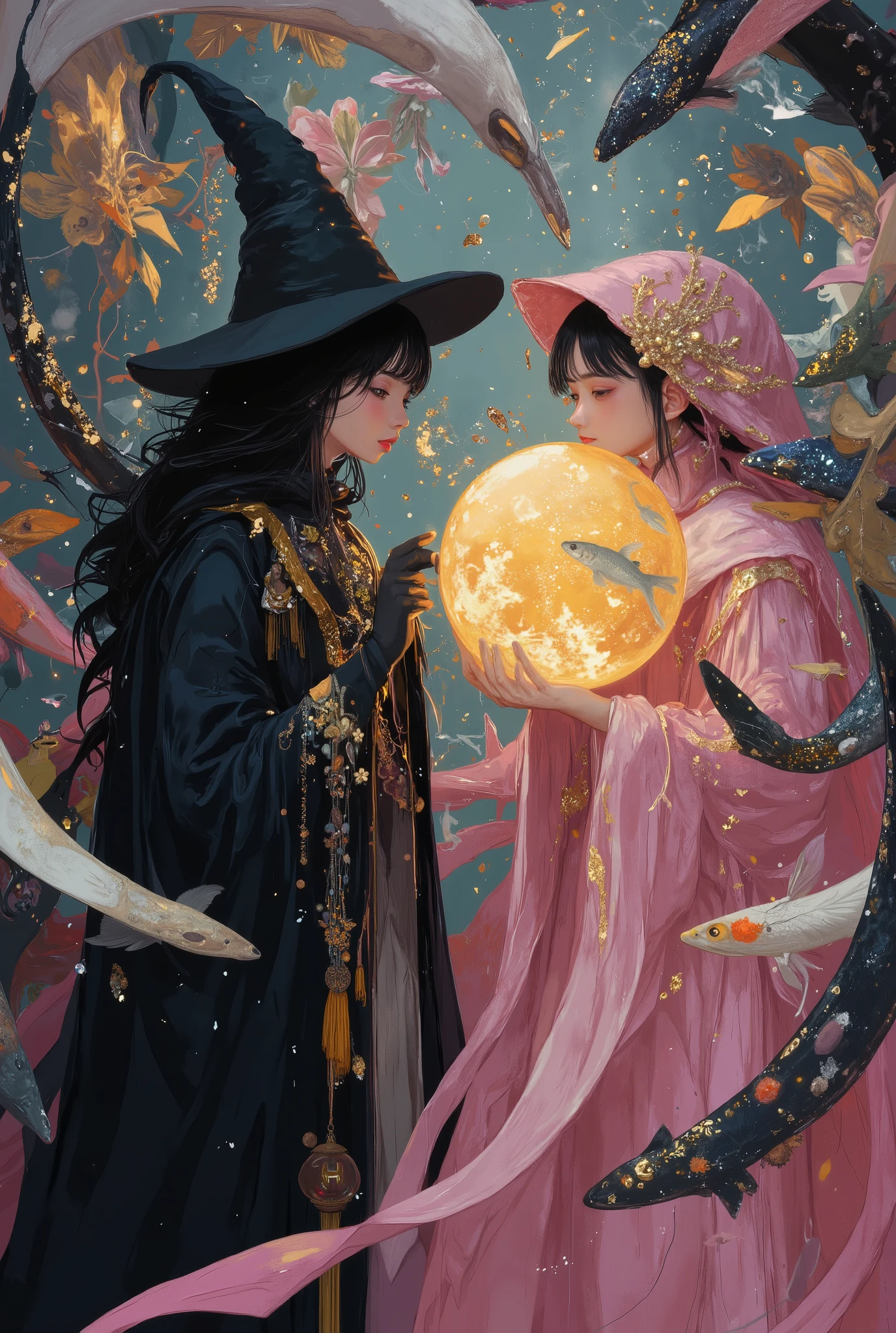 (photorealism:1.2), A young sorcerer, wearing eerie black wizard robes layered over an old rose pink turtleneck and an eerie black wizard hat, swings a soul reaper scythe in attacking pose. Opposing him stands a beautiful young sorceress ,wear rich pink wizard robe and rich pink wizard hat. She holds a glowing, golden crystal ball emanating light, surrounded protectively by three massive Oranda-type goldfish in black, white, and gray color try to protect it. Her creamy-yellow turtleneck peeks from beneath her robe, complementing her long, flawless pink skirts. 8 distant composition pictures scene. realistic action The scene is filled with dynamic energy. dramatic action. dramatic scene. dramatic pose. dramatic background.