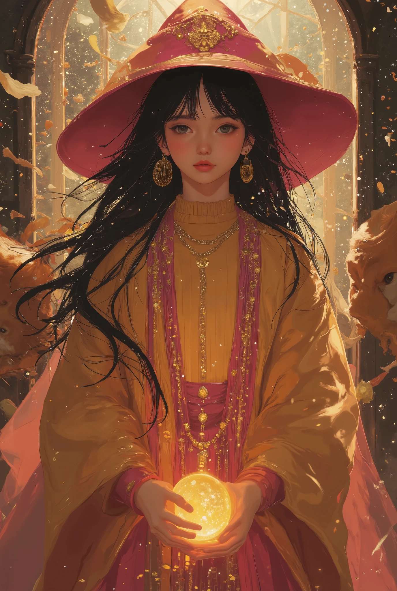 (photorealism:1.2), (photorealism:1.2), A ten-distant picture composition of young girl wizard (20years old) with rich pink pointy hat and wizard outfit and creamy-yellow turtleneck, Direct the golden emanating light crystal ball towards the attacking enemy, cinematic lighting, deep saturated colors, dramatic pose, powerful presence, photorealistic. protectively by massive giant orange ginger color fierce, grinning-faced wolfs behind .wear rich pink long skirt. . realistic action scene. The scene is filled with dynamic energy. dramatic action. dramatic scene. dramatic duel pose. dramatic background. dim light. cloudy time. Create realistic images, High resolution photo/ ((masterpiece)),((best quality)),8k, high detailed, ultra-detailed, Stylish Pose, real skin texture. The photo is crisp and clear, likely captured with professional-grade equipment.