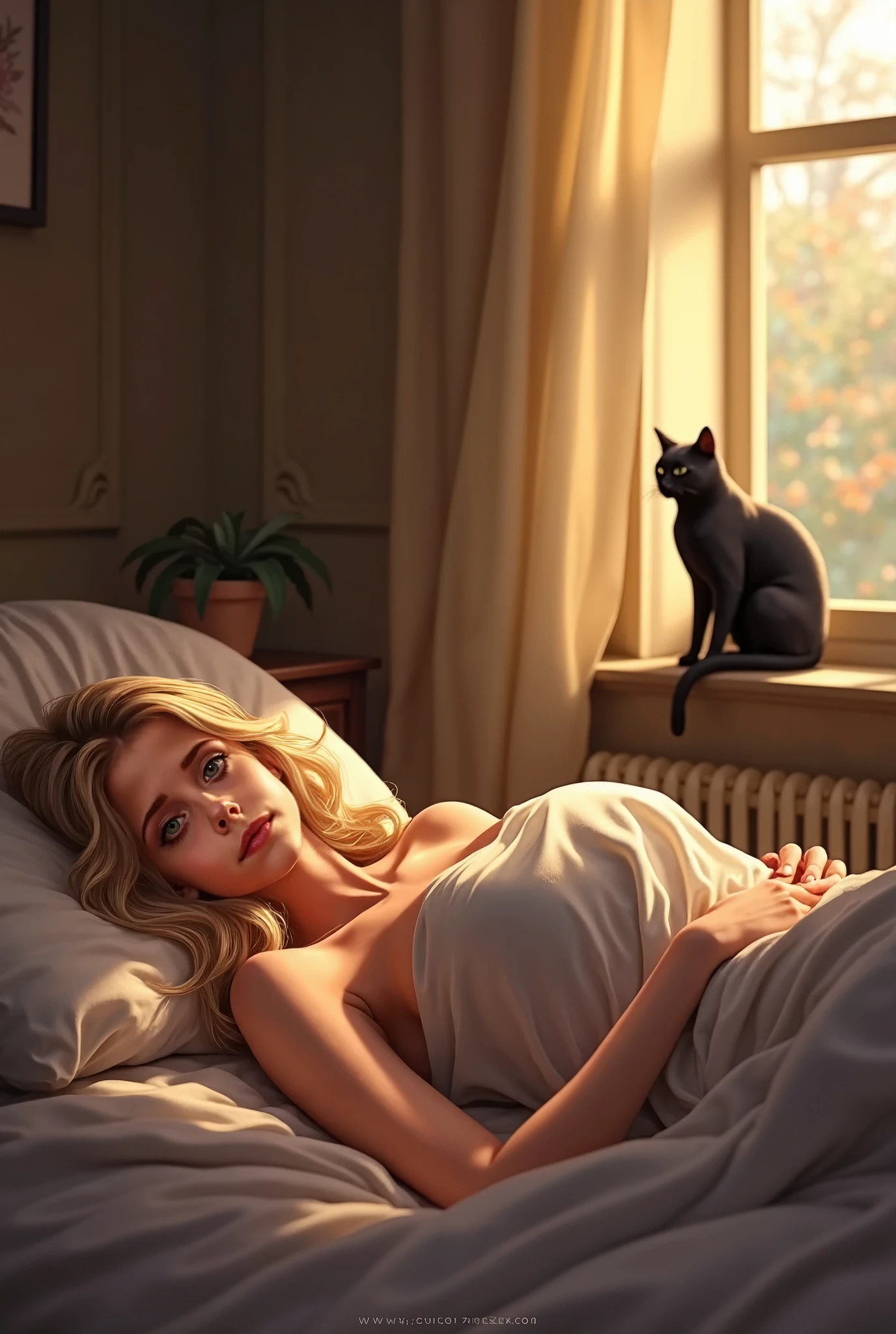 Japanese animation style, digital illustration of an adult elf woman sleeping face down on a large bed, she is wearing elegant silk pajamas, relaxed expression, long loosely wavy blonde hair, sleeping with her pet dog, the dog is curled up on her and sleeping, morning soft light pours in, calm atmosphere, detailed and clear drawing, warm and gentle colors, big breasts
(Highest quality, 8K quality, Masterpiece: 1.3, High resolution, Tabletop: 1.2, ), Full body Esbian: 1.3, (Face perfect in every detail), Normal hands: 1.5, Normal fingers: 1:5, Normal legs: 1.5