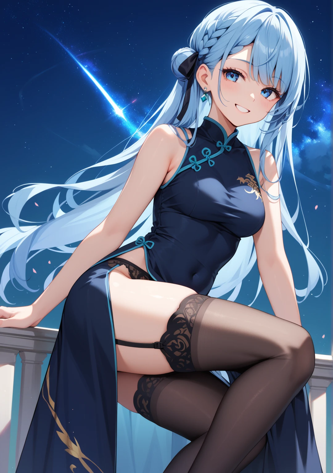 (Masterpiece), (Top Quality Anime Illustration), (Super Definition), One Girl, Solo, Beautiful Girl with Silver Hair, Anime Loli, Cat Ear Loli, Light Blue Miniskirt Cheongsam, See-through, Sleeveless, Smile, Cleavage Emphasis, Side Breasts with Bare Skin Visible, Open Stance, Thighs, Butt Protruding, Ass Focus