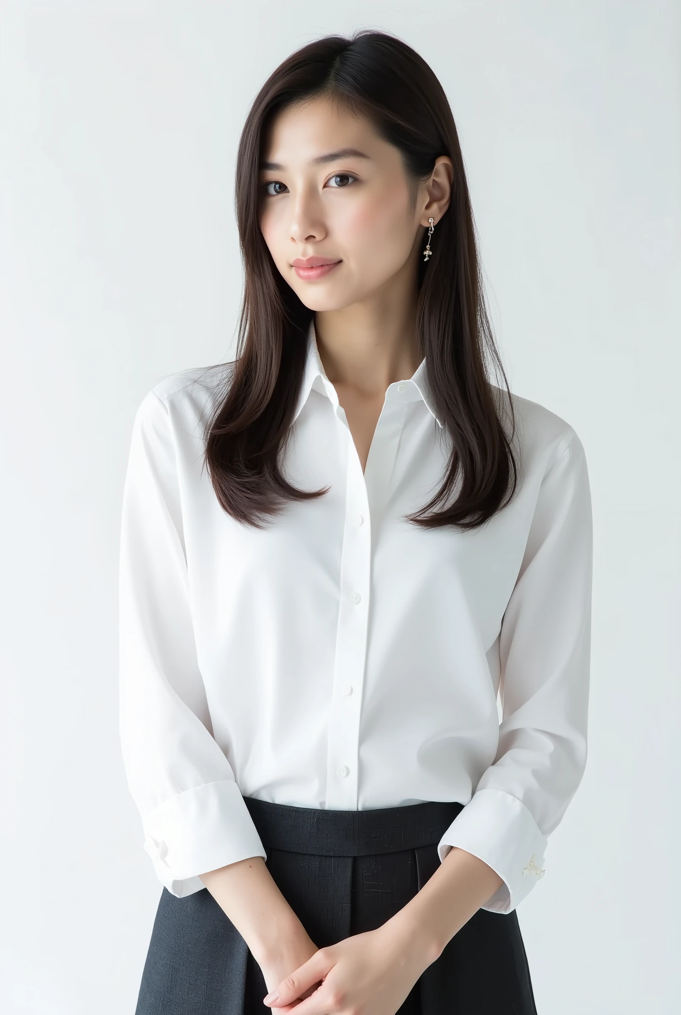 Create a stunning portrait of a very beautiful Japanese news anchor. She is wearing an elegant white blouse and has a slim figure with a small bust. The setting is a professional photography studio, where she stands confidently. The lighting is cinematic, enhancing her features and creating a bright, clean look, as if shot with a white reflector. Her medium-length hair is styled neatly, adding to her refined appearance. The overall image should be luminous and visually striking, capturing the essence of a high-quality, film-like photograph.
