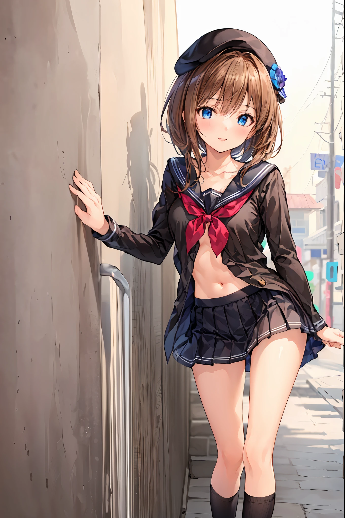 masterpiece, top quality, 非常に DetailsなCG Unity 8K壁紙 , Ultra-realistic 8K CG, perfect artwork , Perfect Female Body Type, Dramatic shadows , ( spotlight, viewer , Details light , ((( 1 girl))), (( SHARP FACE )), (( brown hair, wave hair)), ((( Sexy Poses ))), model body type , I can see my belly button, Watch viewers with small breasts , (( cute face)), ( smiles gently: 1.2), ( asymmetrical bangs that grab the chest , beautiful eyelashes ), Beautiful appearance, (Beautiful bust line:1.2), (Chest), beautiful girl, beautiful facial features that describe a perfect face, cold, Natural Beauty , slender body, Light and beautiful thigh expression , high school girl, high school uniforms , Show me sailor suits, pleated skirt , loose socks, in front of a wall full of graffiti , night , ((( leaning against the wall, standing))), Award-Winning Photos Cuddling From Behind, Details, realistic light and shadow , 8k resolution, professional lighting , ( shiny skin:0.9), Perfect Hands, Hair, Shortcut with Bangs, unkempt hair,Short braided hair,Neat, slender beautiful woman,Correct posture,Small chest, beautiful legs, has enchanting gray-blue eyes that shine like stars, droopy eyes , vibrant colors, beautiful eyes,A delicate smile,Textured Skin, Best Quality at its Best , gentle and beautiful woman , anime style、
