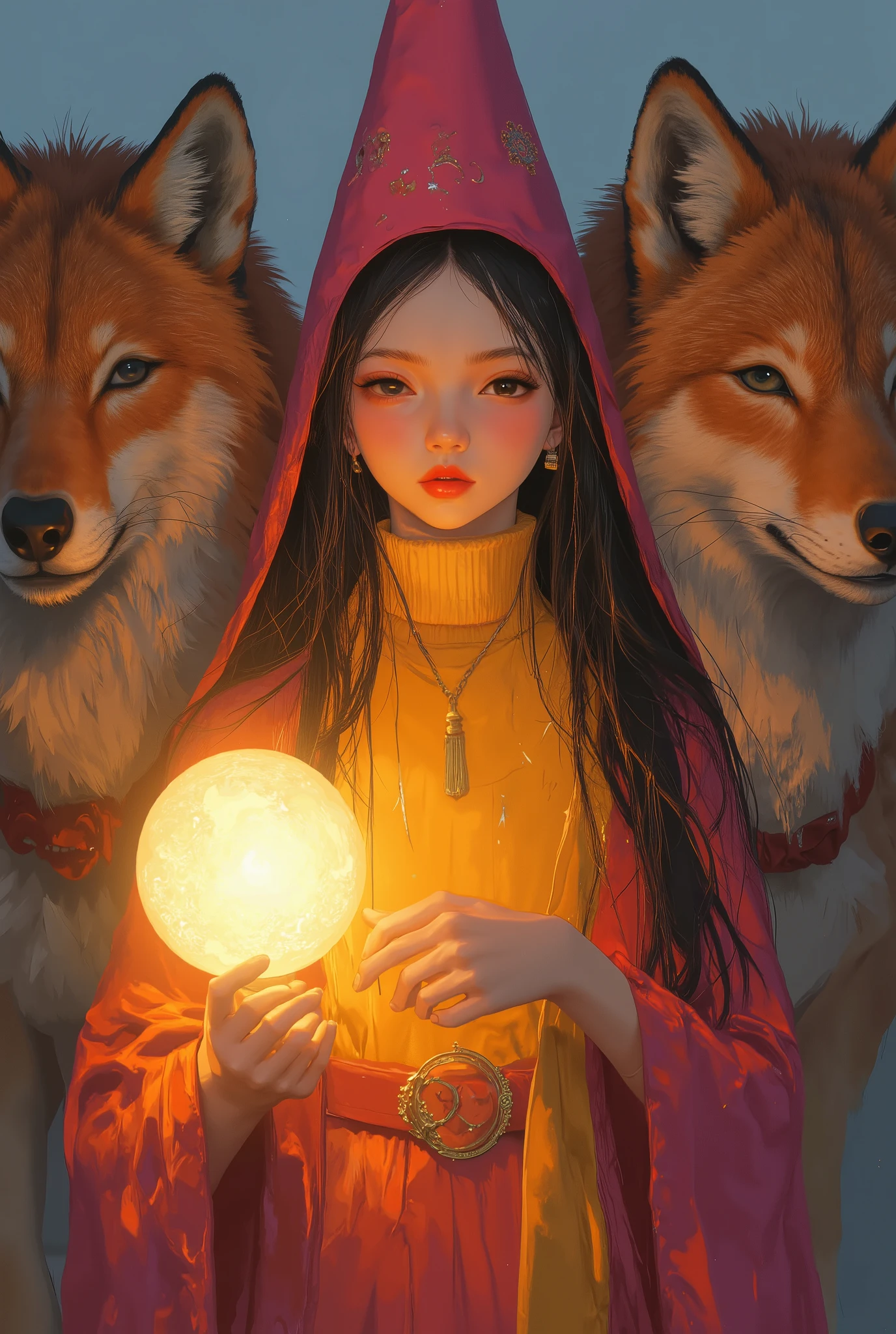 (photorealism:1.2), (photorealism:1.2), A ten-distant picture composition of young girl wizard (20years old) with rich pink pointy hat and wizard outfit and creamy-yellow turtleneck, Direct the golden emanating light crystal ball towards the attacking enemy, cinematic lighting, deep saturated colors, dramatic pose, powerful presence, photorealistic. protectively by massive giant orange ginger color fierce, grinning-faced wolfs behind .wear rich pink long skirt. . realistic action scene. The scene is filled with dynamic energy. dramatic action. dramatic scene. dramatic duel pose. dramatic background. dim light. cloudy time. Create realistic images, High resolution photo/ ((masterpiece)),((best quality)),8k, high detailed, ultra-detailed, Stylish Pose, real skin texture. The photo is crisp and clear, likely captured with professional-grade equipment.