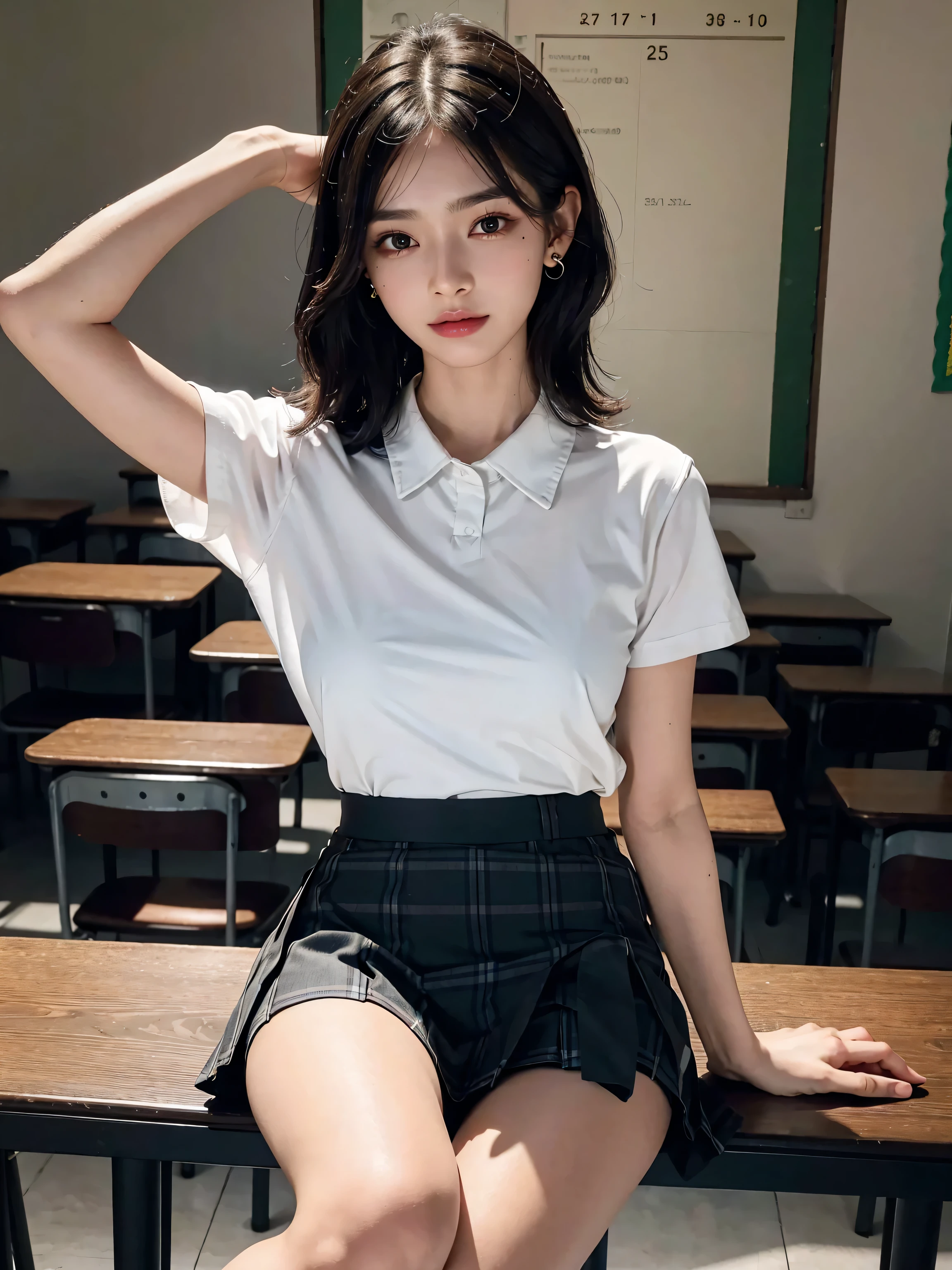 ((masterpiece)),(((Highest quality))),Thin thighs,Long legs,An 18-year-old high school girl standing on the school steps,White shirt,Blue and white plaid mini skirt:1.5,The best smile,Short bob with side waves:1.5，Carrying a black backpack，wear black loafers，Facing the front and spreading legs:1.5，