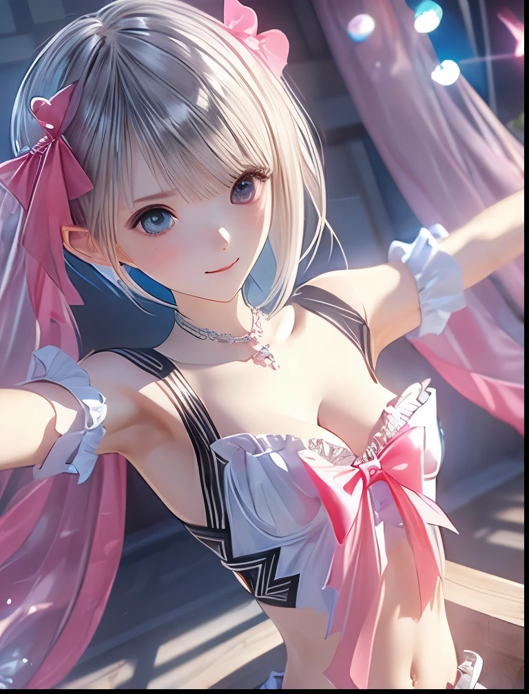 (((SFW、Accuracy、Highest quality、 A first-class masterpiece 、 Normal body 、32K、 detailed face 、 super precision 、 Normal Hands 、5 fingers、Highest、3d)))、" BLUEREFLECTION"、Hinako Shirai、 hinako、Silver-white hair、 bob cut、Heterochromia(Blue and Black)、 Odd Eye(Blue and Black)、Transformation Magical Girl、Reflector、 short、Big Breasts、 slender、 slim、Half naked、Muscle Exposure、Navel exposed、Wrapping Ribbon、ribbon underwear、Ribbon Bondage、Naked Ribbon、 Valentine's Day Chocolate、 presents are for me 、Stretch your arms out in front of you、Offer a gift box、cuddle pose 、Decorate Yourself 、 bedroom、happy, ashamed, blushing, smiling、Woman on a plate、Lots of sweat that eats me