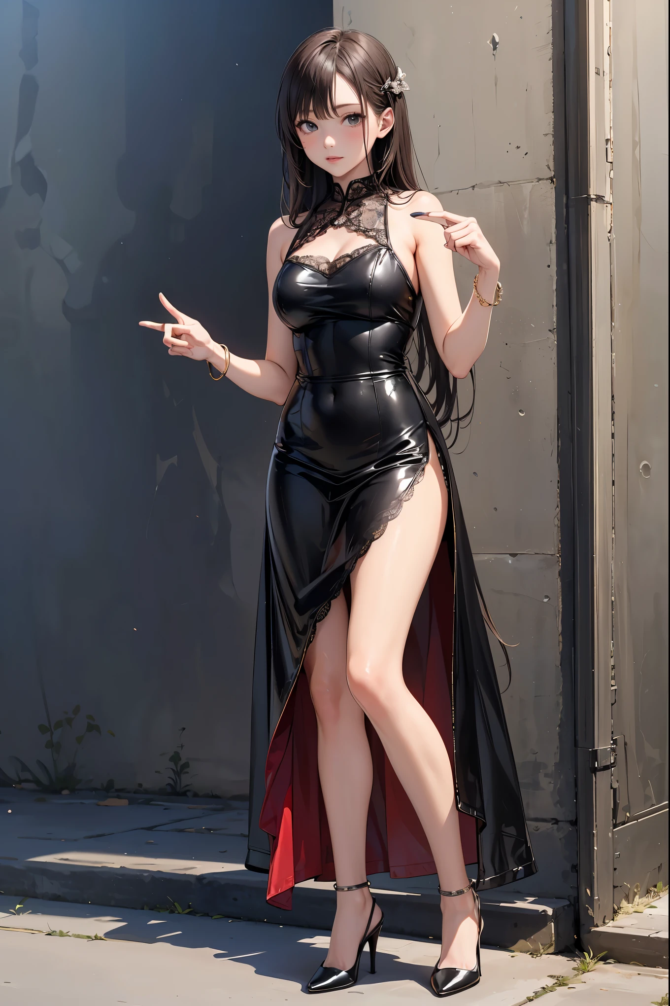 (Highest quality, 4K, masterpiece :1.3), Beautiful woman, Surreal, 1 girl,),Ajolf, Side Lock,Short hair and long straight hair, Gold Hair Band, Gold earrings, Gold Hair Ornament, Big Breasts, Exposing shoulders, Black Dress, Double-sided dress with red rose cape, choker, Thigh-high boots, , Fingerless gloves, Thigh-high boots,Slender beauty, (Huge breasts, Attractive body :1.2), Abdominal exercises :1.1, Long black hair 1.1, Highly detailed face, Lip details, Beautiful Eyes, double eyelid, Sexy low neck dress, Open neckline, Twisting waist pose, Visible curves,Muscular, Bent legs, Yugal, masterpiece, Highest quality, High resolution, aaYugalf,Cowboy Shot, Are standing, Looking at the audience, Outdoor, night, (Perfect Anatomy:1.Big Ass, jewelry, Off the shoulder, Black Pantyhose, Cute Smile, Beautiful and bright lighting, Beautiful breasts,Place your hands behind your back,