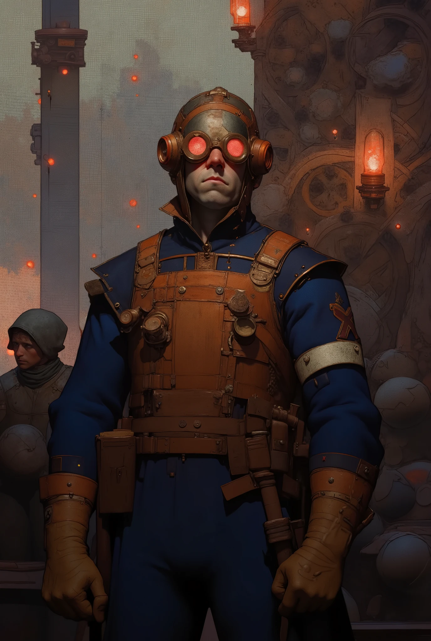 ""cinematográfica hiperrealista,Steampunk interpretation of Cyclops (Scott Summers) in his classic X-Men uniform. He wears a navy-blue bodysuit with brass piping and golden accents, including a high-collared leather chest harness adorned with X-shaped brass buckles. His signature visor is reimagined as an intricate piece of steampunk technology, featuring crimson-tinted lenses, brass fittings, and small steam vents that release vapor when he uses his optic blasts. The gloves and boots are reinforced with brass plates and intricate gear designs. The backdrop is a smoky industrial setting with glowing gas lamps and massive gears turning in the background, evoking a heroic yet mechanical steampunk atmosphere."
