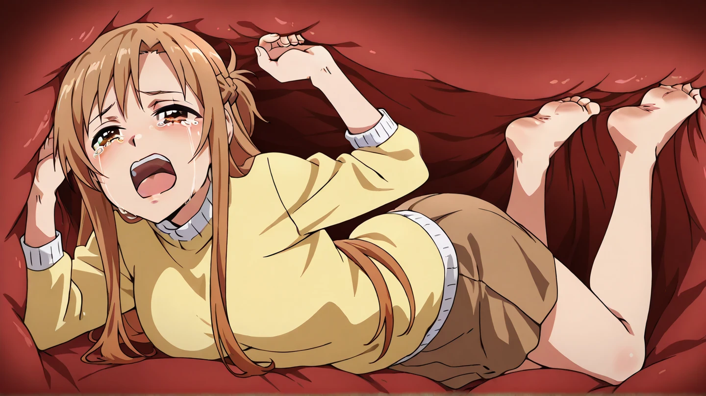 score_9, score_8_superior, score_7_superior, sauce_anime,
itsukinakano, Itsuki Nakano, bangs, blue eyes, Hair between the eyes, Ahoge, Redhead, star \(symbol\), hair ornaments, star hair ornaments, Mature Woman,
skirt, shirt, , clavicle, white shirt, Short sleeve, pleated skirt, socks, collared shirt, miniskirt, Knee-high, white socks, green skirt, Sweater vest, red Sweater vest,
indoor, bed, bed room, ~ side, blush, Drunk,
View your viewers,superior半身,Tied up with rope,Lying gagged,