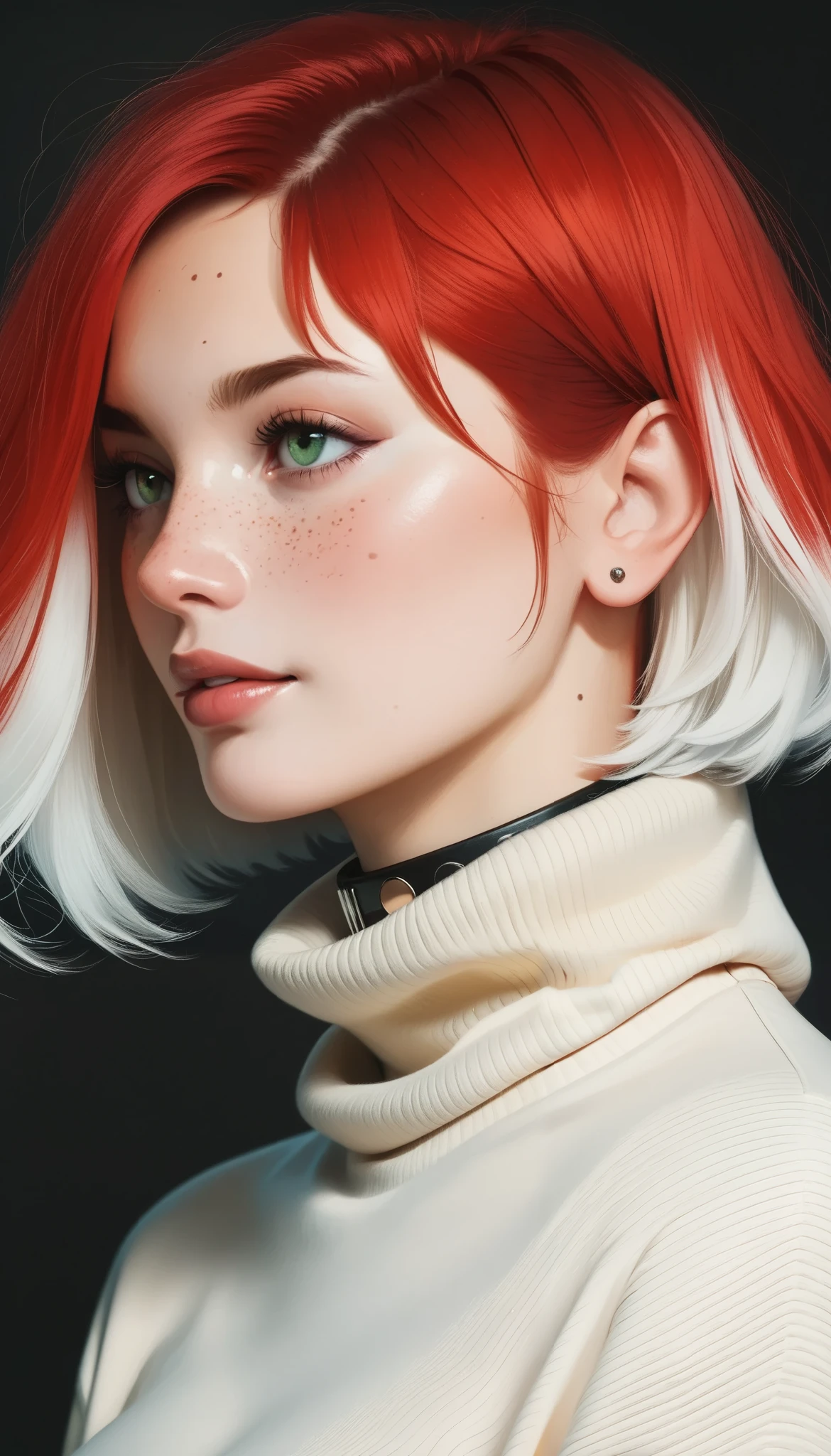 score_9, score_8_ up the side, score_7_ up the side, score_6_ up the side, high quality, high contrast, 1 GIRL, s up the sideermodel, ( portrait), Red Hair, short hair, white highlights, freckles, GREEN EYES, big breasts, turtleneck, rhinestone choker, black background