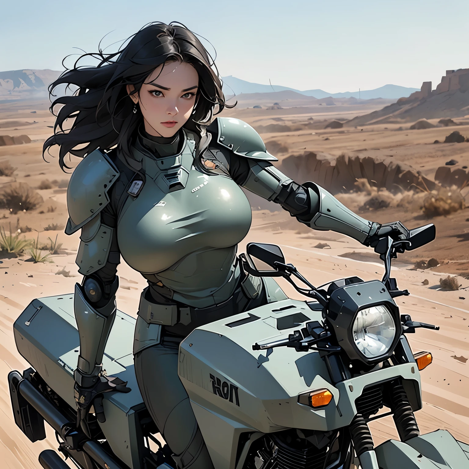 Woman, jet black hair, aquamarine color eyes, on a red motorbike, in the desert, high quality, detailed, high definition, detailed face, detailed body