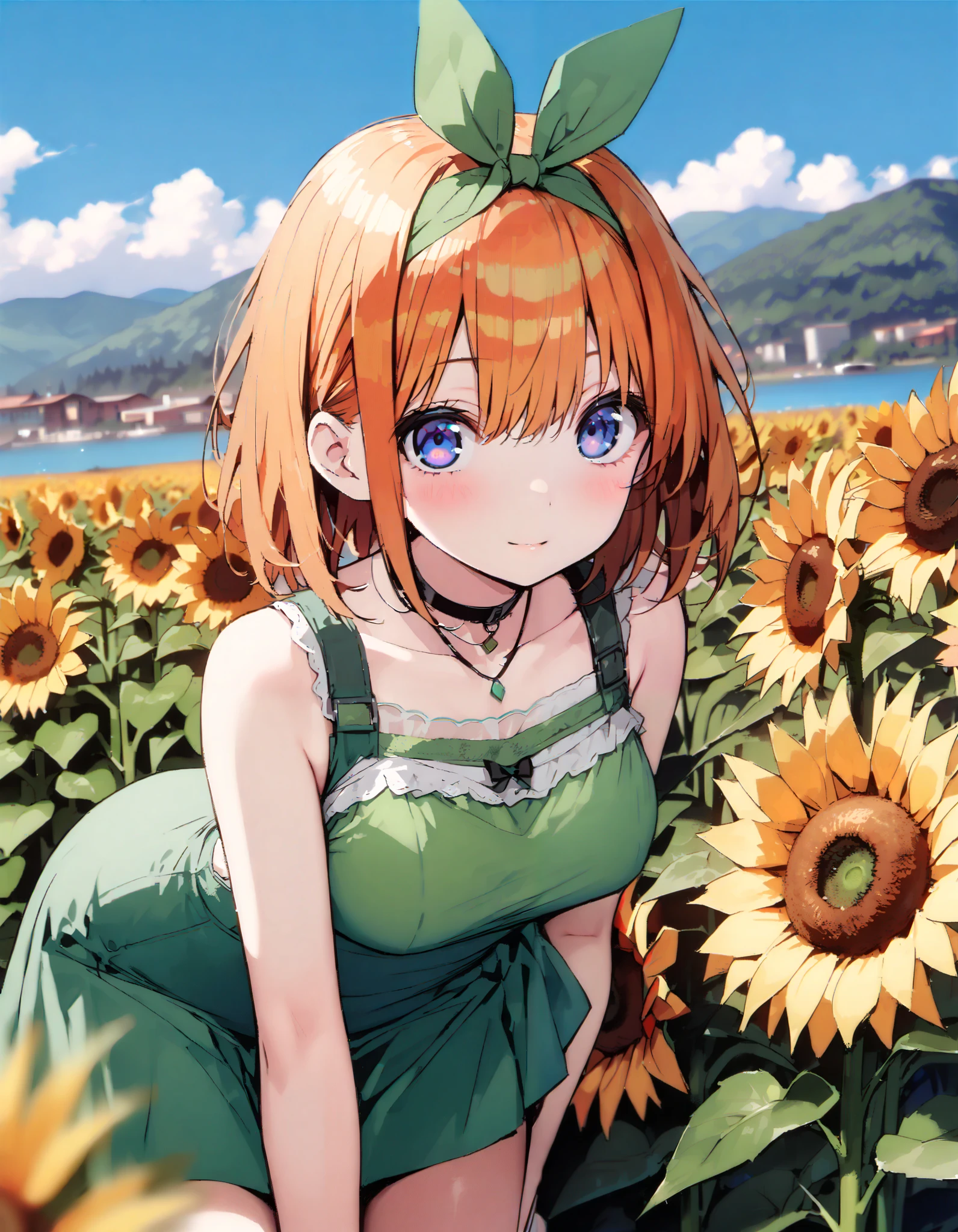score_9, score_8_ up the side, score_7_ up the side, source_Anime, Nakano Yotsuba, short hair, bangs, blue eyes, , orange hair,Eye hair ribbon , headband, orange hair, (Green ribbon:1.5), green off-shoulder dress ,Green mini skirt, cute heeled sandals , is crouching,whole bodyがイラストに入る入るように, break outdoors,Sunflower field, Compa,Mountain,lake,
break looking at viewer,whole body,
break ( Masterpiece:1.2), top quality , kampala, Unity 8k Wallpaper,(shape:0.8),( fine, beautiful eyes :1.6),It's a person ,whole body写真,CG Details , ( perfect hands, Complete Anatomy),