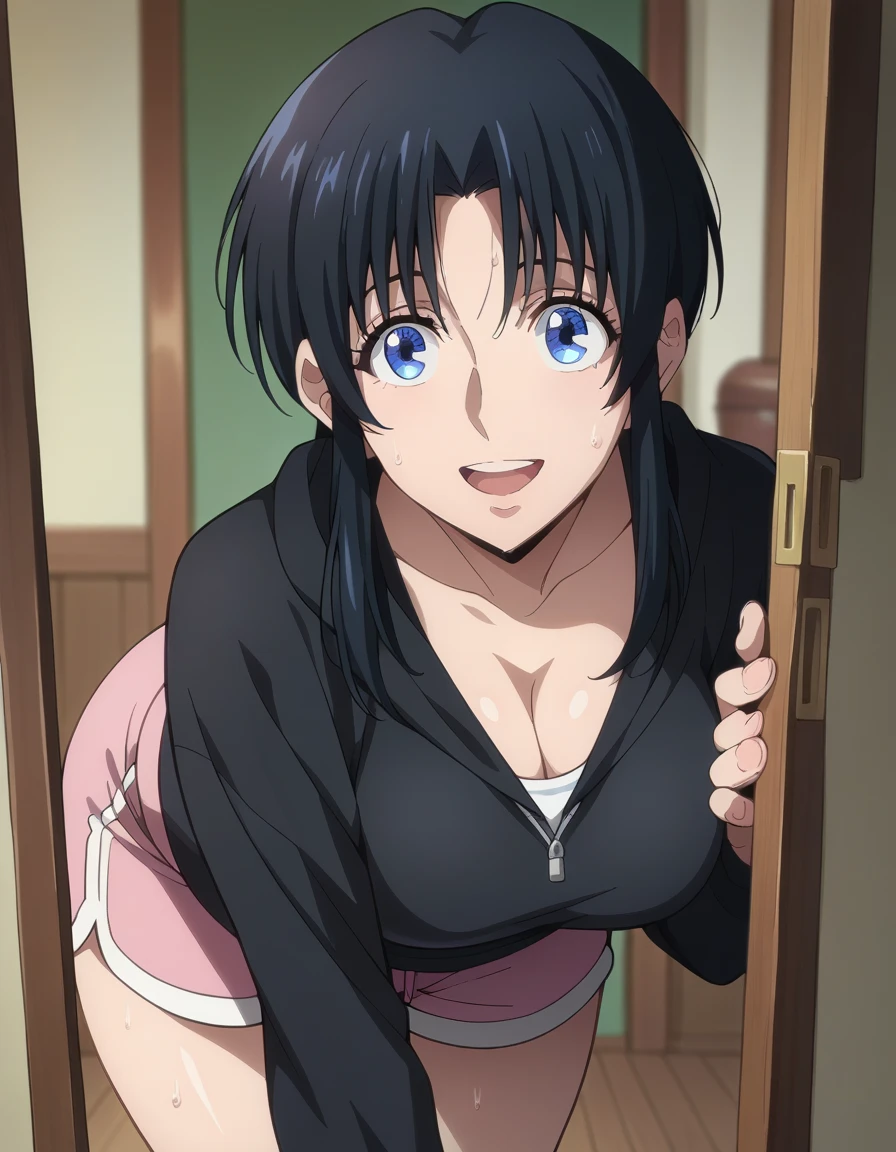 high quality, masterpiece, best quality, anime screen cap, 1girl, smile, dark blue hair, mother, mature female, revealing clothes, forced smile, standing, blush, half-closed eyes, smile, empty eyes/no highlights (Leaning forward:1.5), Arms Down, ((Perfect Anatomy, beautifull detailed face, Beautiful detailed eyes, beautiful detailed hair, Beautiful detailed body)), thick outline, Beautiful outlines, black outlines