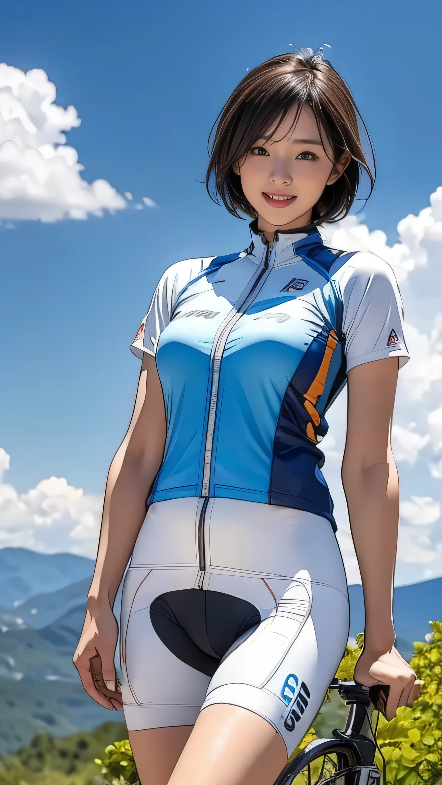 (girl, 14 years old, Same height :1.2) ,masterpiece,Mountain bike,Cycling Enthusiasts,beautiful girl,Professional attire,Blue sky and white clouds,8k, 日本のgirl , (smile:0.7), smile, Very short hair , Camel Toe, (High color saturation:1.0), (skin is very delicate), (Highest quality:1.0), (Ultra-high resolution:1.0) ,(Actual:1.0), (Very detailed:1.0), (8k, RAW Photos:1.1)