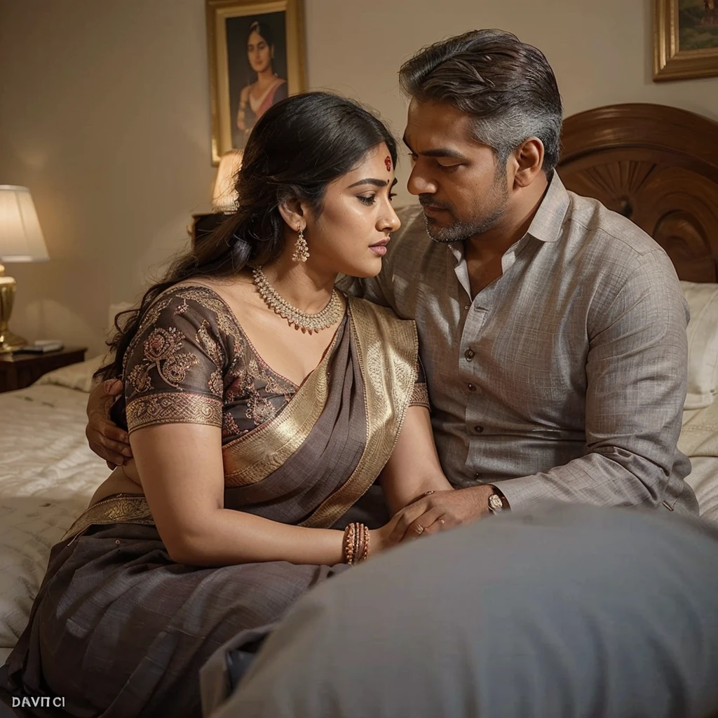 35mm film photography, A middle-aged Caucasian man with short dark hair tenderly embracing and kissing a young, curvaceous South Indian bride dressed in a traditional Indian dawani in a comfortable living room. A group of three Caucasian men observing the couple., high detail, split gradient colors background, full body image