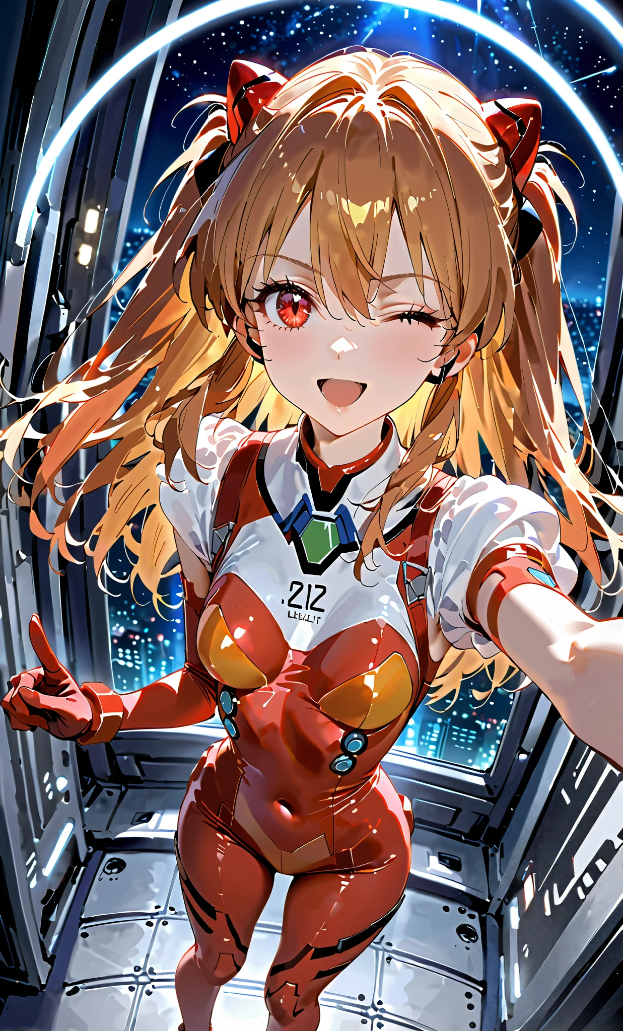 (Overhead view),dynamic angle,ultra-detailed, illustration, close-up, straight on, 1girl, 
 ((souryuu asuka langley, interface headset, red bodysuit:1.4, blonde)),Her eyes shone like dreamy stars,(glowing eyes:1.233),(beautiful and detailed eyes:1.1),(expressionless),(standing), Spell of the Last（prompt）
(masterpiece, best quality, ultra high res, perfect anatomy, extremely detailed),
BREAK,
1girl,
,
red eyes,
twintails,
black hair,
very large ribbon in hair,
idol costume,
BREAK,
(finger pointing),
(full face),
one eye closed,
(open mouth),
glow eyes,
smile,
stage light,
(mechanic room with toolsand spaceship windowin a white SPACESHIP),
(night:1.2),dreamy, [[delicate fingers and hands:0.55]::0.85],(detail fingers),
