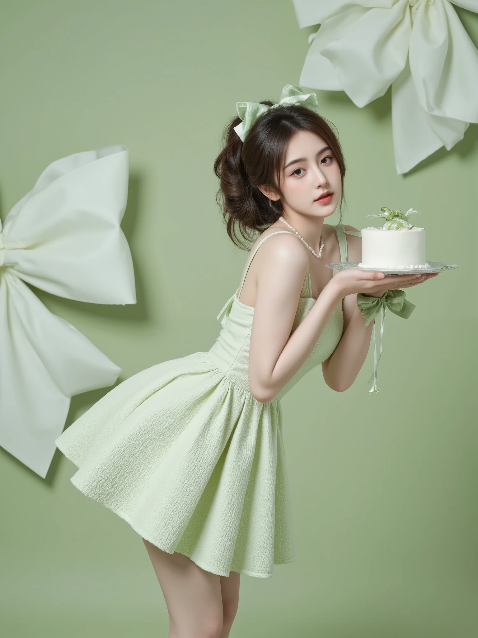 /imagine prompt: A studio photograph of a young woman posing gracefully, slightly bending forward while holding a small white cake with green ribbon decoration on a plate in both hands. She is wearing a light pastel green textured sleeveless dress with a flared skirt. Her hair is styled in a wavy, voluminous half-updo adorned with a large pastel green bow. She wears subtle makeup with a natural blush and pink lips, complemented by a delicate pearl choker necklace. Her outfit is accented with green ribbons on her shoulders and a matching green bow on her wrist. The background is a soft pastel green with large decorative bows in a harmonious design. Lighting is soft and even, emphasizing the dreamy, elegant atmosphere. hd quality, natural look, studio lighting, fashion editorial style, pastel tones, high detail --ar 2:3 --v 6.0

