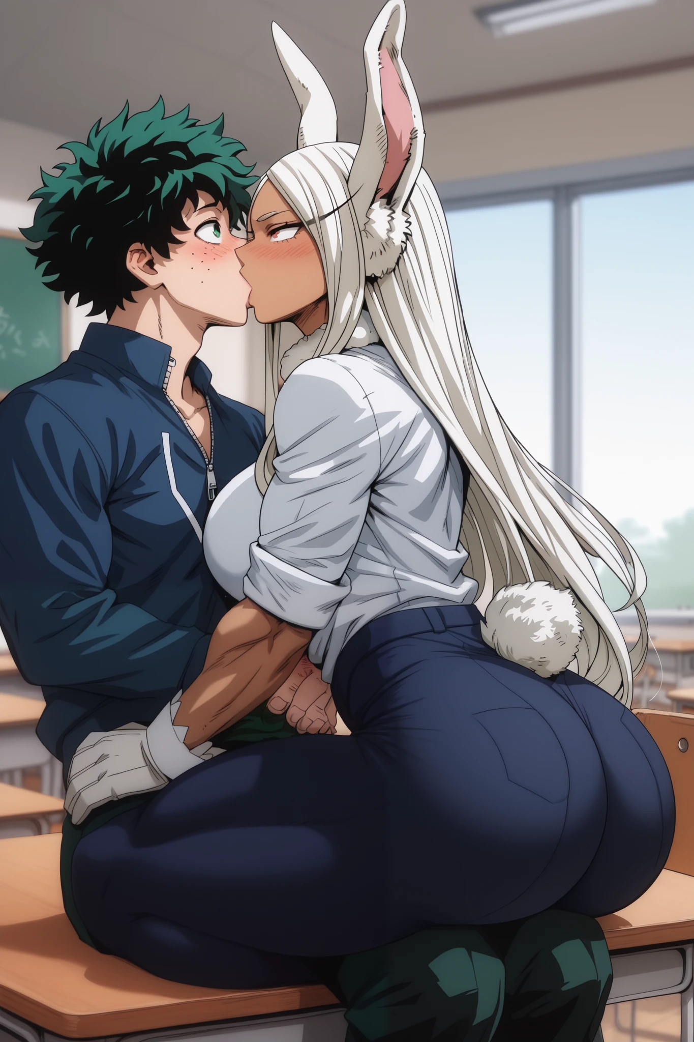 izuku_midoriya, white skinned male , big dick , green hair, green eyes, short hair male , rumi usagiyama, long hair, animal ears, white hair, dark skin, rabbit ears, dark-skinned female, muscular, rabbit girl, muscular female, red eyes, parted bangs , big ass , big tits , female sitting on table , female gets fucked male , classroom , male and female fully clothed , male has his zipper open and his dick hangs out , kissing , blushing