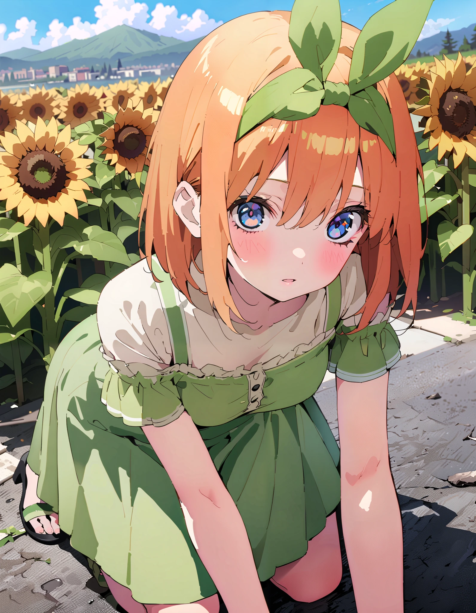 Nakano Yotsuba,  short hair, bangs,  blue eyes,  ,  orange hair,Eye hair ribbon ,  headband,  orange hair, (Green ribbon:1.5), green off-shoulder dress ,Green mini skirt, cute heeled sandals , is crouching,whole bodyがイラストに入る入るように,                                       break outdoors,Sunflower field, Compa,Mountain,lake,
break looking at viewer,whole body,
break ( Masterpiece:1.2), top quality , kampala, Unity 8k Wallpaper,(shape:0.8),(  fine, beautiful eyes  :1.6),It's a person ,whole body写真,CG Details , ( perfect hands, Complete Anatomy),