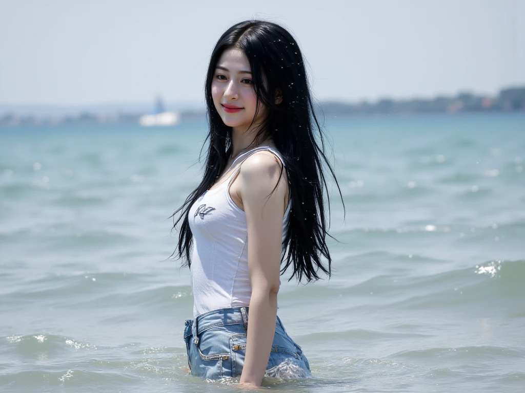 Highest quality, 8K, 11 years old、girl、Fluffy long hair、Tank top、mini skirt、Mid-chest、Beautiful Skin、Beautiful legs、Thin legs、smile、sea,