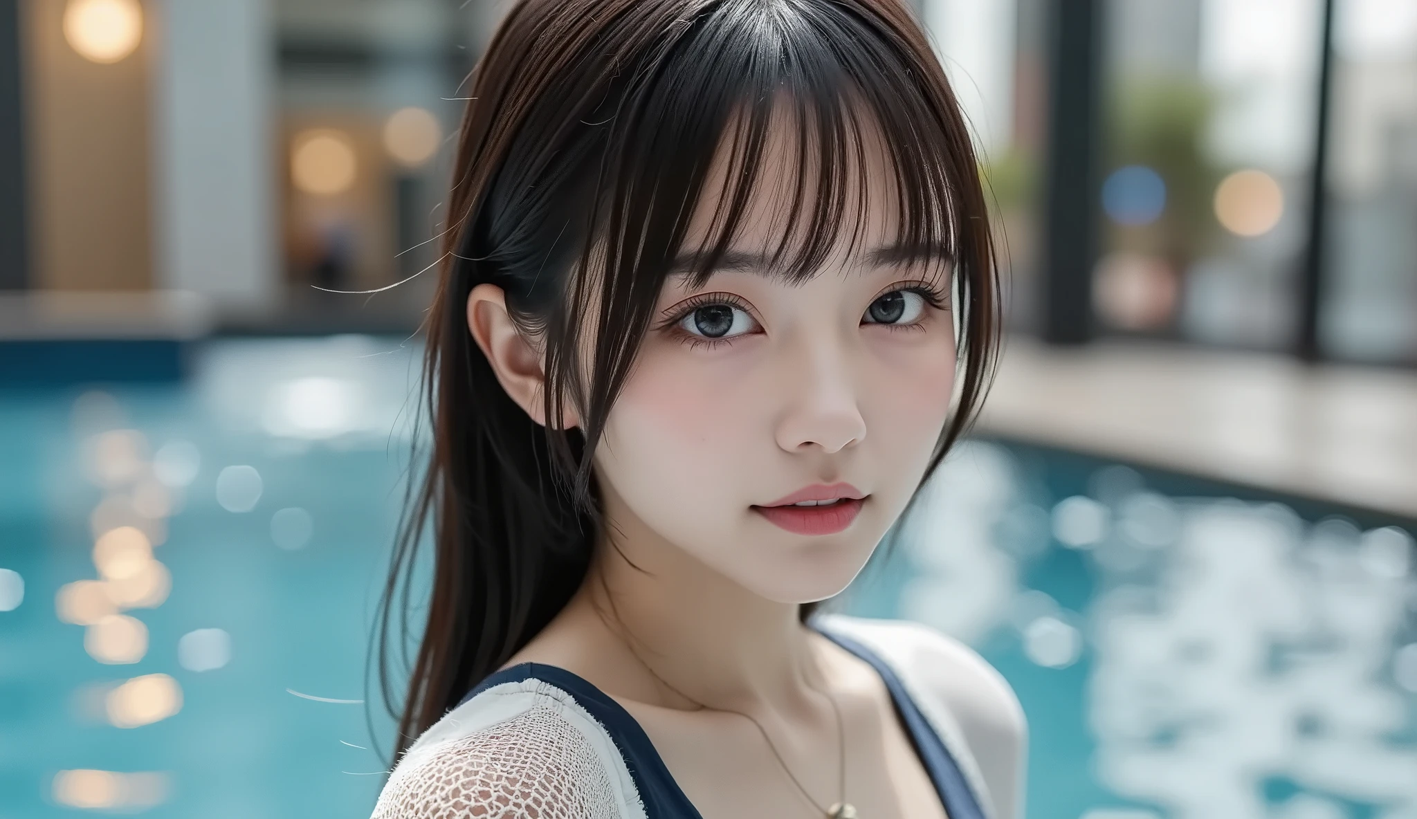 table top, highest quality, shape, Super detailed, finely, High resolution, 8k wallpaper, Perfect dynamic shape, beautiful and detailed eyes, D cup, natural color lip, random sexy pose,smile、20 year old girl、midnight、Beautiful and dense face、perfect and beautiful face,Big eyes、real photos（best image quality）,Sheer off-shoulder dress (off white)、looking at camera、Please stand、Do gal makeup,blurred pool background