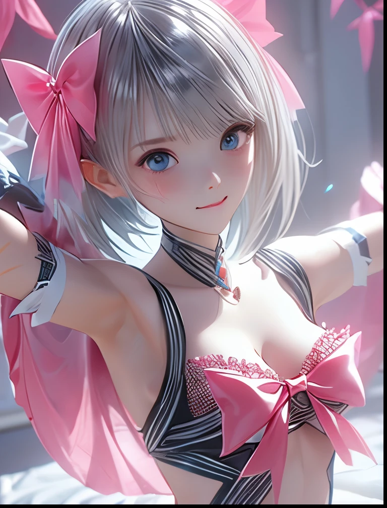(((SFW、Accuracy、Highest quality、 A first-class masterpiece 、 Normal body 、32K、 detailed face 、 super precision 、 Normal Hands 、5 fingers、Highest、3d)))、" BLUEREFLECTION"、Hinako Shirai、 hinako、Silver-white hair、 bob cut、Heterochromia(Blue and Black)、 Odd Eye(Blue and Black)、Transformation Magical Girl、Reflector、 short、Big Breasts、 slender、 slim、Half naked、Muscle Exposure、Navel exposed、Wrapping Ribbon、ribbon underwear、Ribbon Bondage、Naked Ribbon、 Valentine's Day Chocolate、 presents are for me 、Stretch your arms out in front of you、Offer a gift box、Hug Pose、Decorate Yourself 、 bedroom、happy, ashamed, blushing, smiling、Woman on a plate、Lots of sweat that eats me 、Bound Gift in Box
