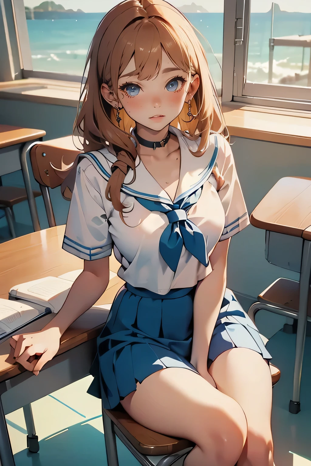 sailor suits having a conversation at a classroom table in a school environment, One girl's skirt was flipped up、My underwear was exposed, Beautiful Attention to Details , Beautiful Detailed Lips , very detailed目と顔, long eyelashes, School setting , intricate details, vibrant colors, Soft Lighting , Hi-Res, top quality, 8k, Masterpiece, digital art , colorful, photorealistic, very detailed, dynamic composition , Dramatic Lighting