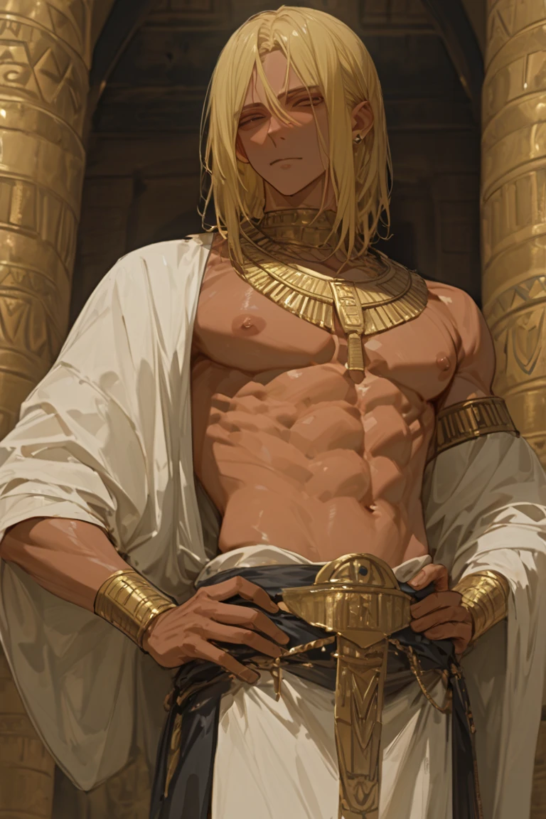 masterpiece, newest, absurdres, safe Solo, high detailed, male, handsome masculine male, Sexy male. Masculine male. Handsome Male, sexy male, Seductive, medium hair, blonde hair, dark skin, caramel tan skin, tanned skin, black narrow eyes, handsome male, shirtless, exposed chest, exposed nipples, hand on his hip, middle eastern tunic, skirt tunic, toga, golden necklace, egyptian god, egyptian, middle eastern, paraoh male, sultan