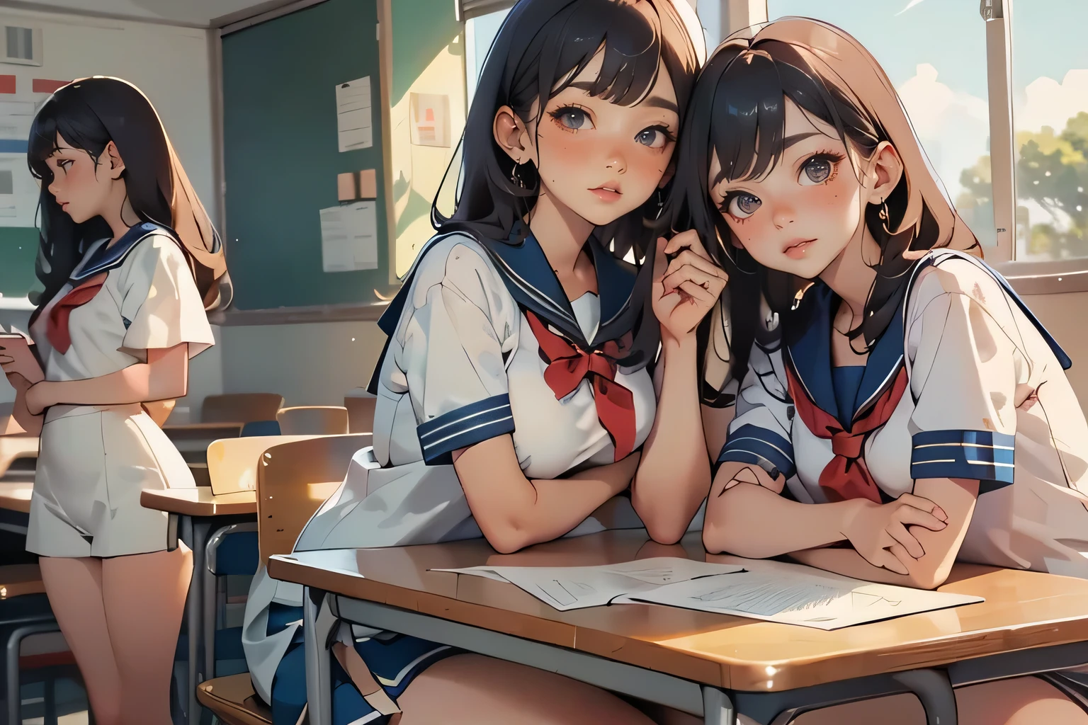 sailor suits having a conversation at a classroom table in a school environment, One girl's skirt was flipped up、My underwear was exposed, Beautiful Attention to Details , Beautiful Detailed Lips , very detailed目と顔, long eyelashes, School setting , intricate details, vibrant colors, Soft Lighting , Hi-Res, top quality, 8k, Masterpiece, digital art , colorful, photorealistic, very detailed, dynamic composition , Dramatic Lighting