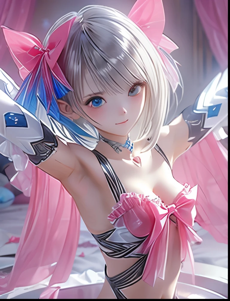 Silver hair, pink eyes, body, cat ears, woman, earrings, sparkle background, hot pink clothes, diamond hair bows, happy face, bird