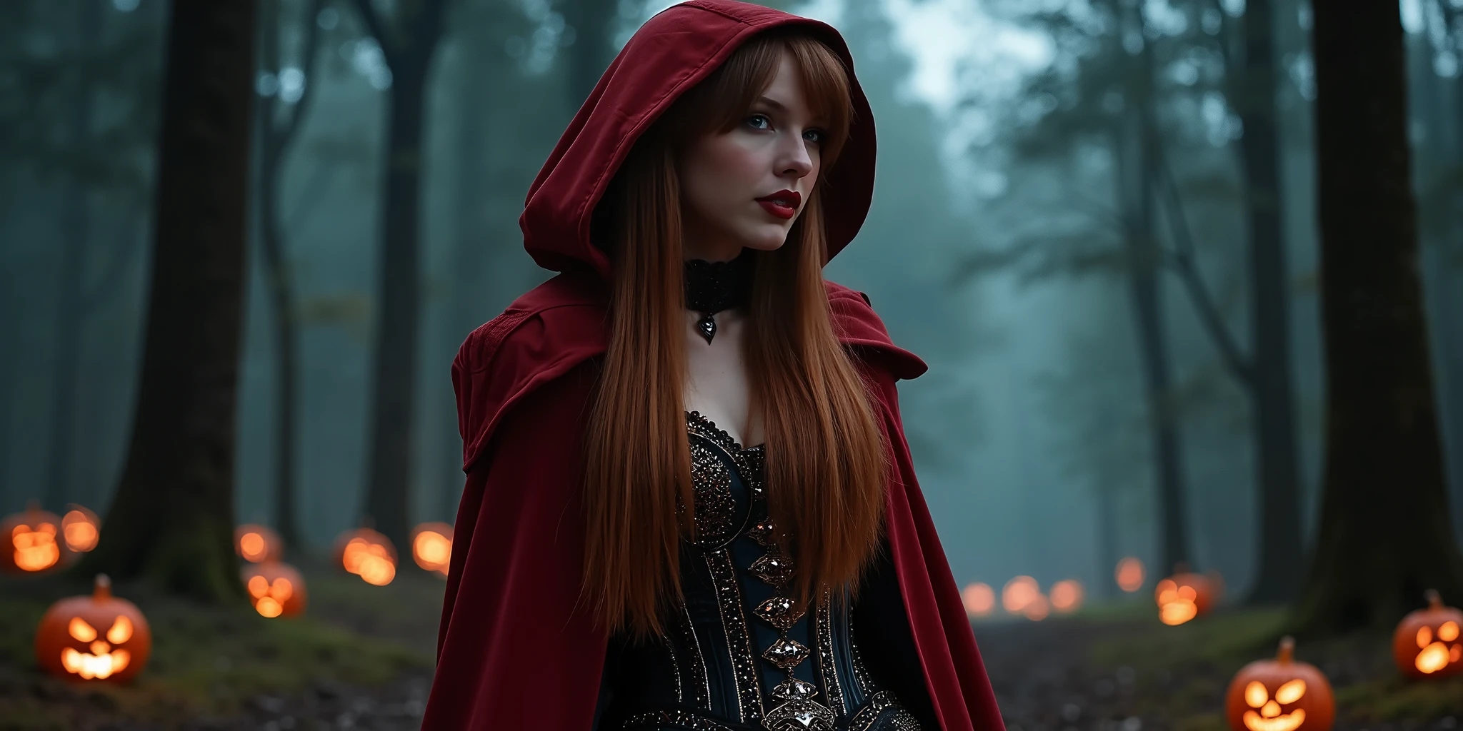 There is a woman in a red cape and a black dress in the woods - SeaArt AI