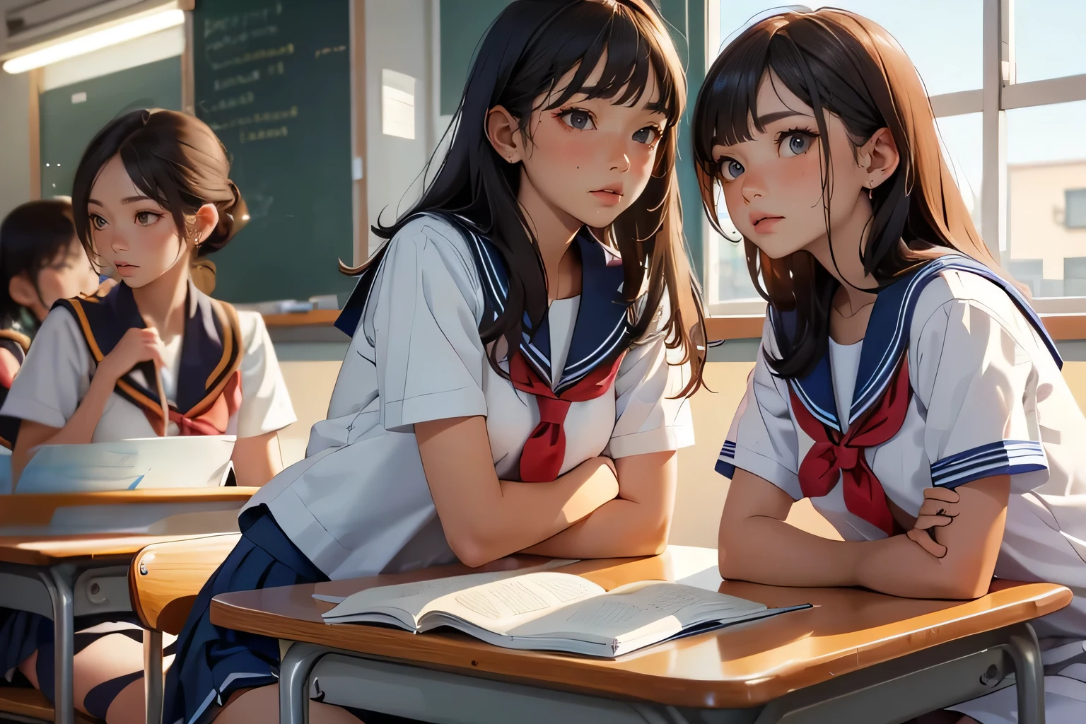 sailor suits having a conversation at a classroom table in a school environment, One girl's skirt was flipped up、My underwear was exposed, Beautiful Attention to Details , Beautiful Detailed Lips , very detailed目と顔, long eyelashes, School setting , intricate details, vibrant colors, Soft Lighting , Hi-Res, top quality, 8k, Masterpiece, digital art , colorful, photorealistic, very detailed, dynamic composition , Dramatic Lighting, Mr.々Race,