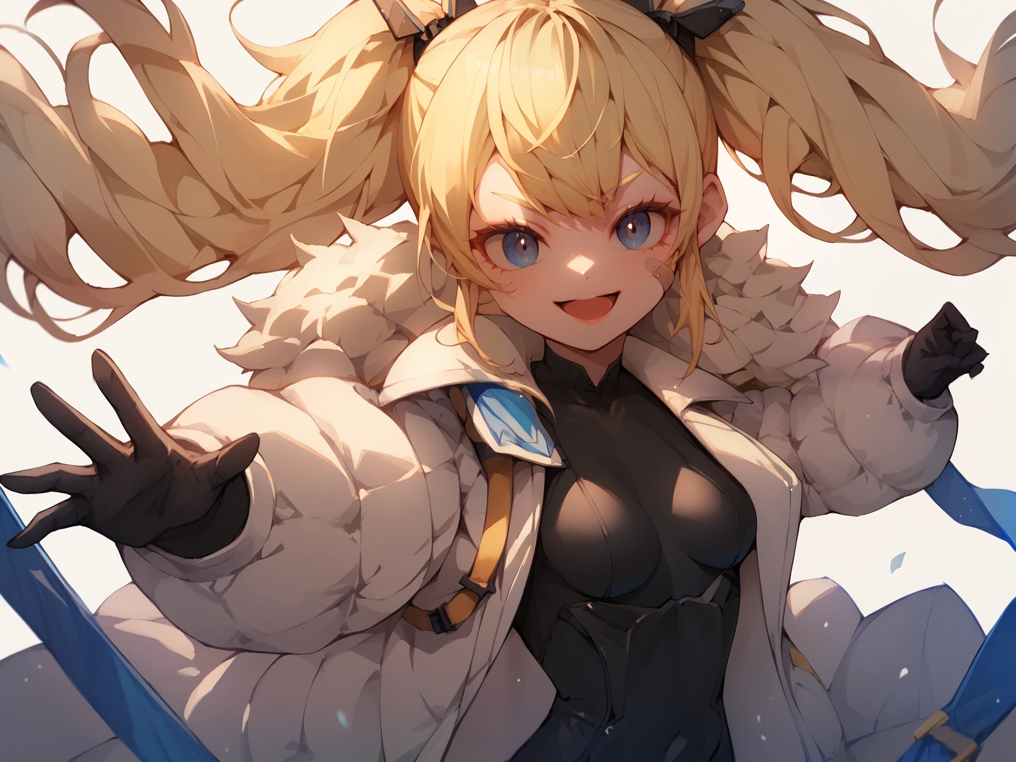 score_9, score_8_up, score_7_up, source_anime BREAK 1girl, laplace, blonde hair, twintails, long hair, hair ornament, blue eyes, bandaid on face, black bodysuit, small breasts, white coat, fur trim, black gloves, solo, standing, looking at viewer, smile, open mouth,