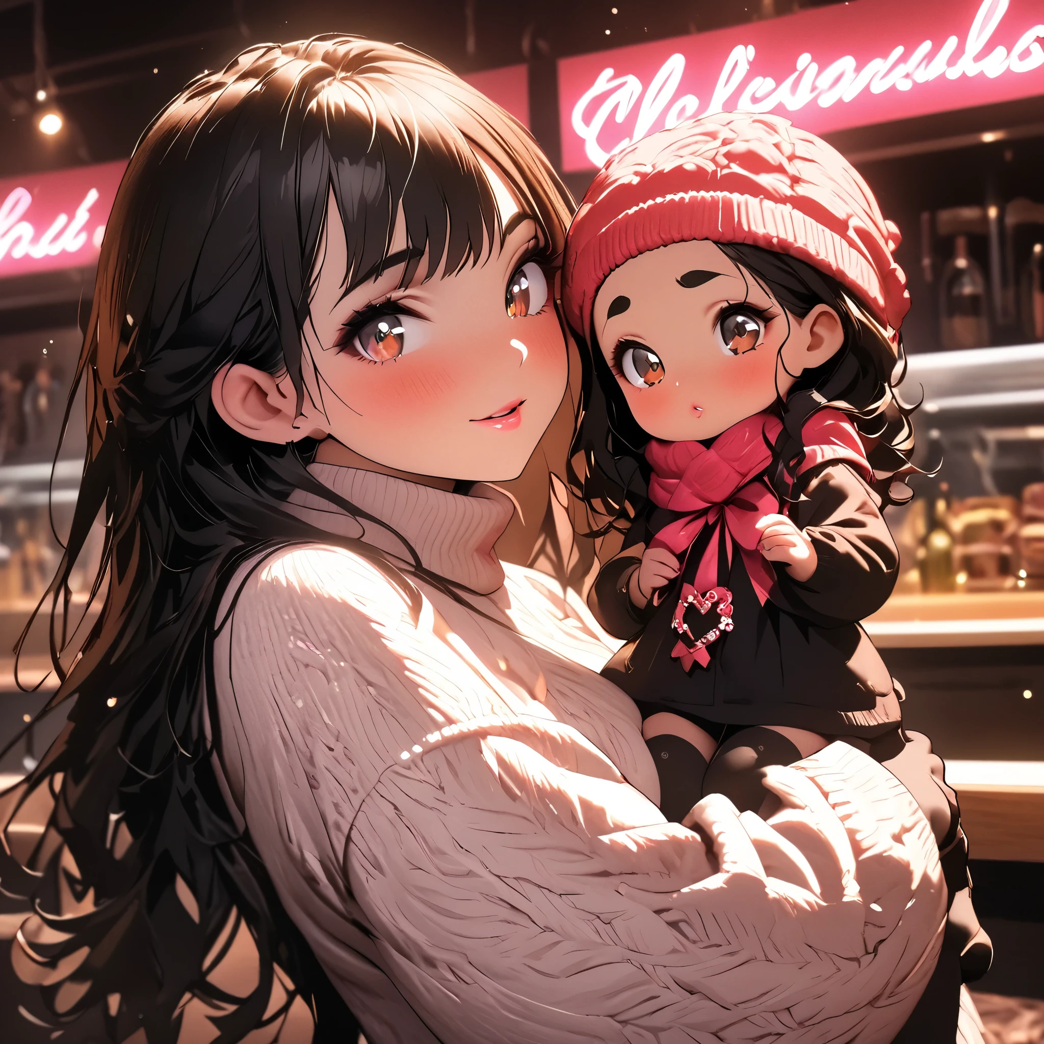 (beautiful girl:1.3),1girl,masterpiece,Highest quality,Ultra-high resolution,rich contrast,super high quality,8k,Highly detailed CG unit wallpaper,texture,Incredibly absurd,Ultra-high resolution,Highest quality anime,professional photograph,an extremely delicate and beautiful,RAW Photos,Depth of Field 1.2,ultra-detailed eyes,Glitter Effect,Beautiful glossy lips, 25years old, gorgeous legs, noise perfect, gorgeous ass, 1girl, gorgeous ass, dynamic pose, sensual woman, seductive woman, mature woman, Milf, maternal, shy look, full body, (type of photo: medium shot, portraying the person from head to waist), MoanaM, moana of disney movie, long, wavy, dark brown hair, loose hair, large brown eyes, thick, well-defined eyebrows, slightly wide nose, Setting: A fair with neon lights, She is holding a teddy bear with a red bow and several heart balloons float around her. Her eyes reflect love and sweetness, Outfit: An oversized burgundy sweater with a turtleneck, leather leggings and tall black boots. Accessories: Wool gloves, a scarf in pink tones and a knitted hat with a pompom. Hair and makeup: natural makeup with a little highlighter and raspberry lips. in a cafeteria decorated with garlands of hearts,