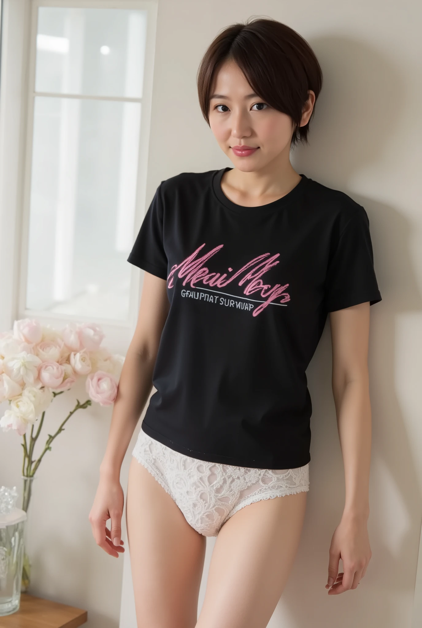( photoreal:1.2), Japanese girl , alone, cute girl, Cool Beauty, perfect face, sh( Masterpiece, top quality:1.4), ( beautiful, beautiful, perfection, delicate, complicated :1.2), (:1.2), in the seat, ( cute, Adorable design ), perfection female form, perfection face, double eyelid, Shiny pink lips , expressive eyes, enchanting face , drool, Sensual Expression, estrus, completely naked, light brown hair , short hair, huge natural breasts :1.3, Thin Waist, abdomen, belly button, ( sexy look:1.4),
break,
black t-shirt, roll up ,
break,
sexy white lace underwear ,
break,
roll up your T-shirt and put it in your mouth,
break,
(((stand up))), bedroom, next to the bed, cowboy shot, (Since before)