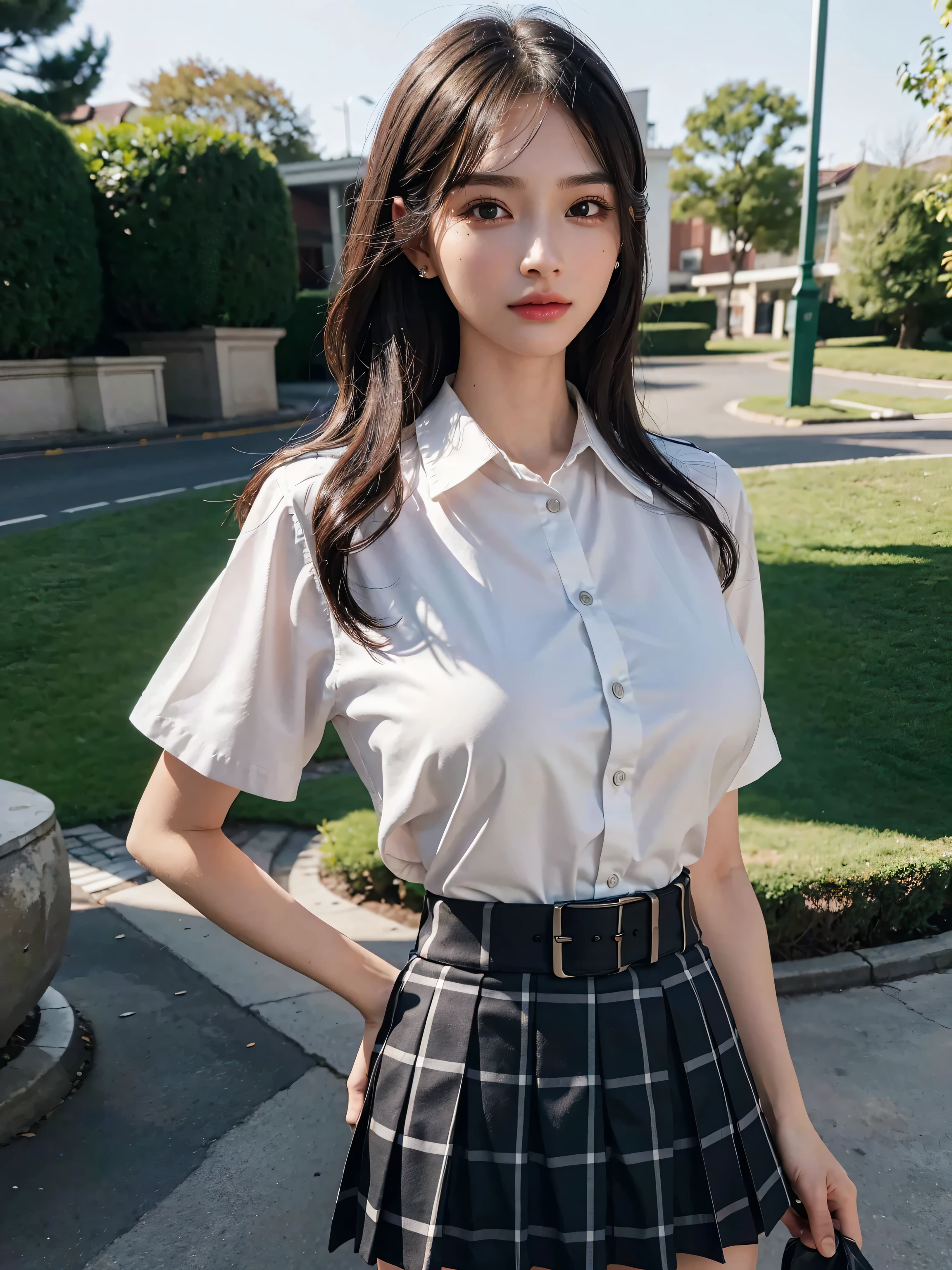 masterpiece、highest quality、girl 1、Super detailed　black hair　wet shirt、plaid long skirt、underwear　soft thighs　rainy city、city where it rains、Basking in the rain