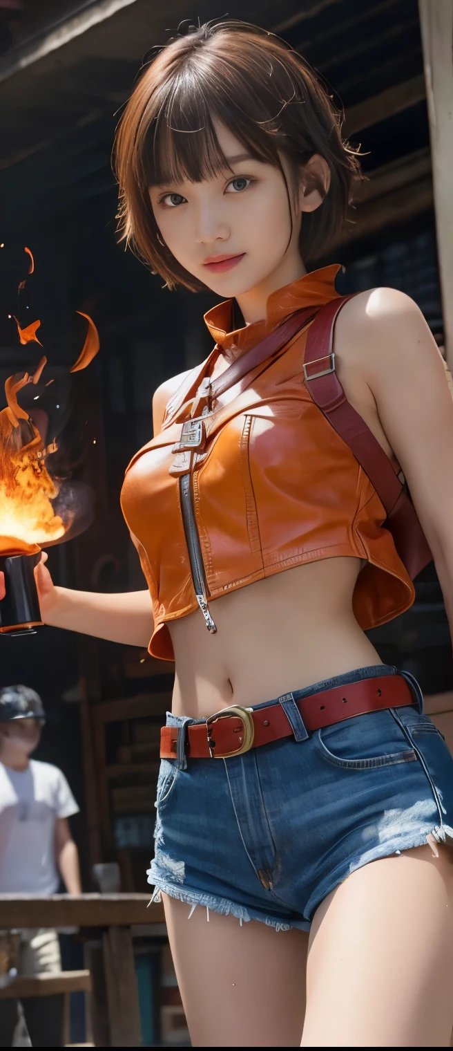 cool fire idol girl(Burning Shorthair)、A pure girl's face、 hypo、、Flame Leather Shirts 、 Wild Denim Shorts 、Fire Belt 、、Glowing Fireball