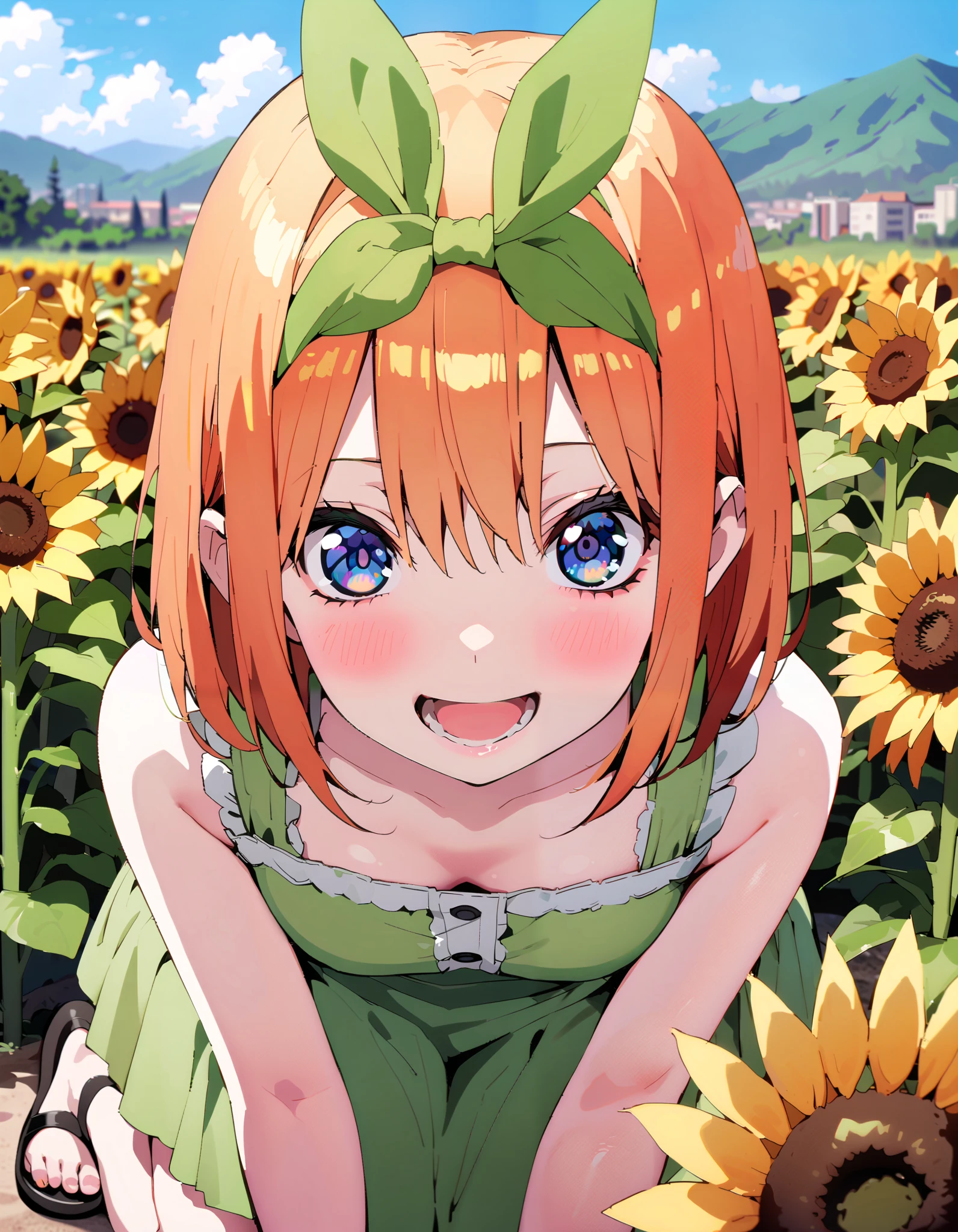 Nakano Yotsuba, short hair, bangs, blue eyes, , orange hair,Eye hair ribbon , headband, orange hair, (Green ribbon:1.5),smile,blush, open your mouth, green off-shoulder dress ,Green mini skirt, cute heeled sandals , is crouching,whole bodyがイラストに入る入るように, break outdoors,Sunflower field, Compa,Mountain,lake,
break looking at viewer,whole body,
break ( Masterpiece:1.2), top quality , kampala, Unity 8k Wallpaper,(shape:0.8),( fine, beautiful eyes :1.6),It's a person ,whole body写真,CG Details , ( perfect hands, Complete Anatomy),