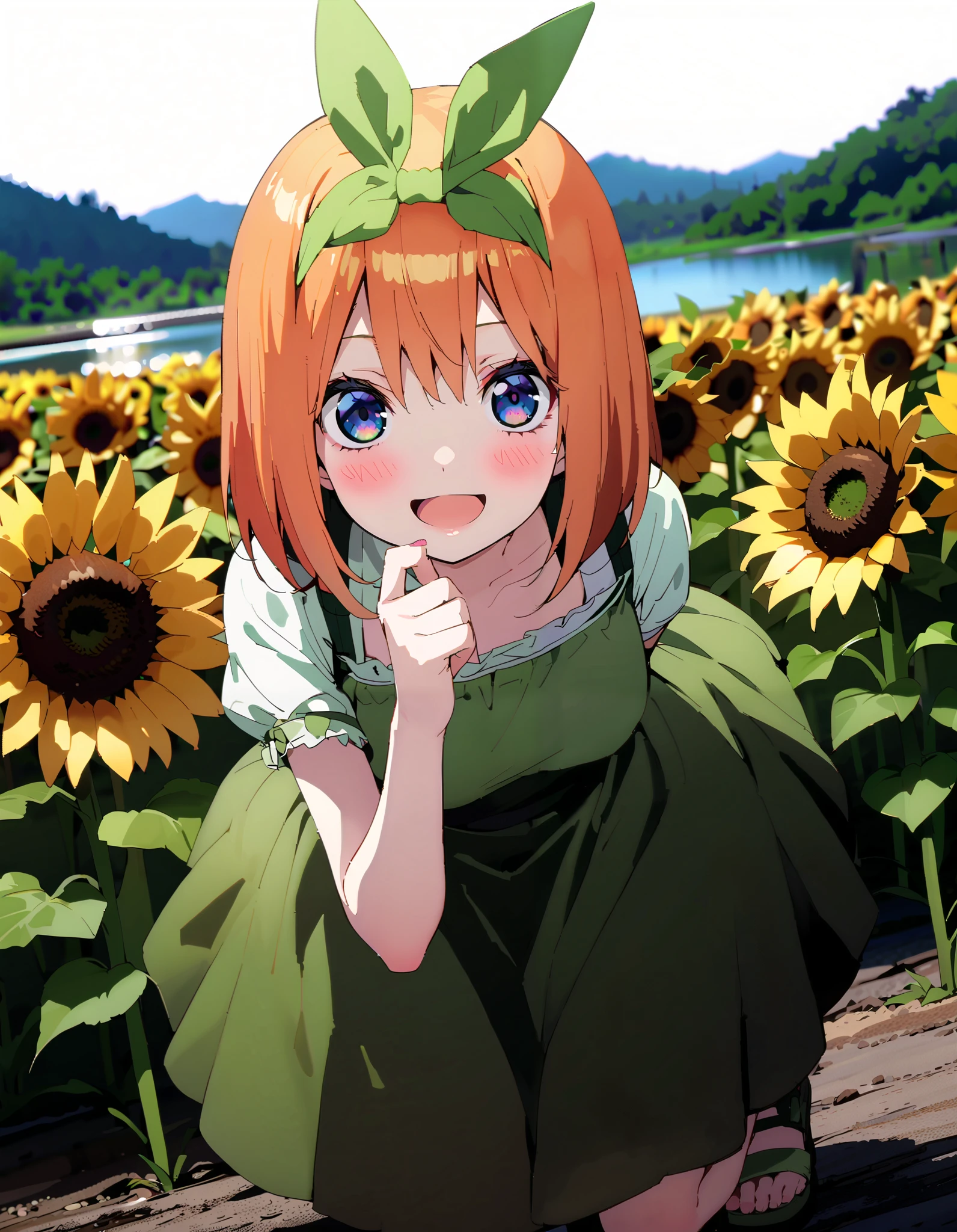 Nakano Yotsuba, short hair, bangs, blue eyes, , orange hair,Eye hair ribbon , headband, orange hair, (Green ribbon:1.5),smile,blush, open your mouth, green off-shoulder dress ,Green mini skirt, cute heeled sandals , is crouching,whole bodyがイラストに入る入るように, break outdoors,Sunflower field, Compa,Mountain,lake,
break looking at viewer,whole body,
break ( Masterpiece:1.2), top quality , kampala, Unity 8k Wallpaper,(shape:0.8),( fine, beautiful eyes :1.6),It's a person ,whole body写真,CG Details , ( perfect hands, Complete Anatomy),