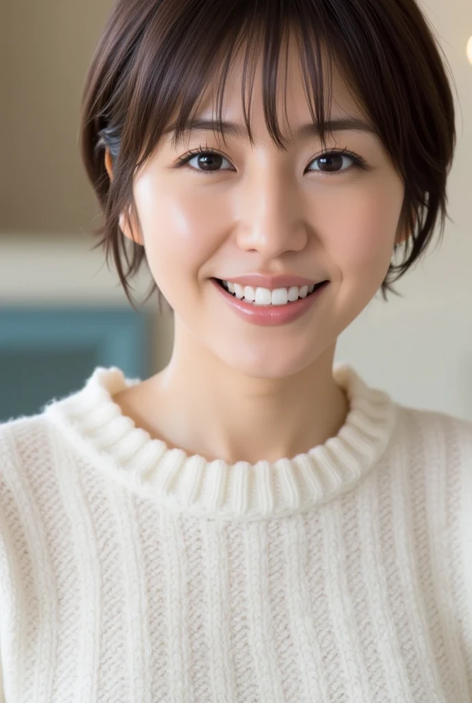 female 1 person, beauty, beautiful face,smile、(Lean forward and lean forward :1.3)、( topless :1.4),Depiction of genitalia,Detailed Breastfeeding Head, Wakino, Oversized Sweaters, off shoulder top,( I Can See My Cleavage :1.2), Hall々A stylish appearance ,,( plump style :1.2),,( saggy breasts :1.1)、 super real, super high resolution, top quality,8k, Masterpiece, front view、The cutest Masami Nagasawa 、Natural skin、 has medium wrinkles on her skin、