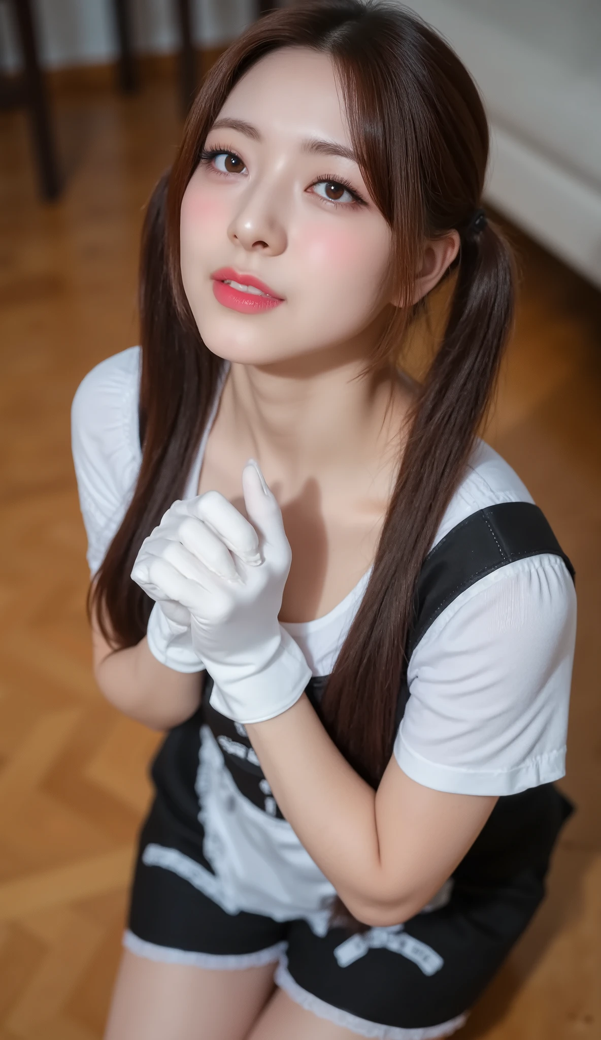 32k, Masterpiece, top quality,  ( Korea's Beautiful Woman)   High-angle, close-up view, pigtails, maid outfit, white top, black bodice, short skirt, lace, kneeling, serene expression, eyes closed, hands clasped, white gloves, wooden floor, warm lighting, indoor setting, soft romantic feel, cosplay, themed photoshoot, warm muted colors, browns, white, black.