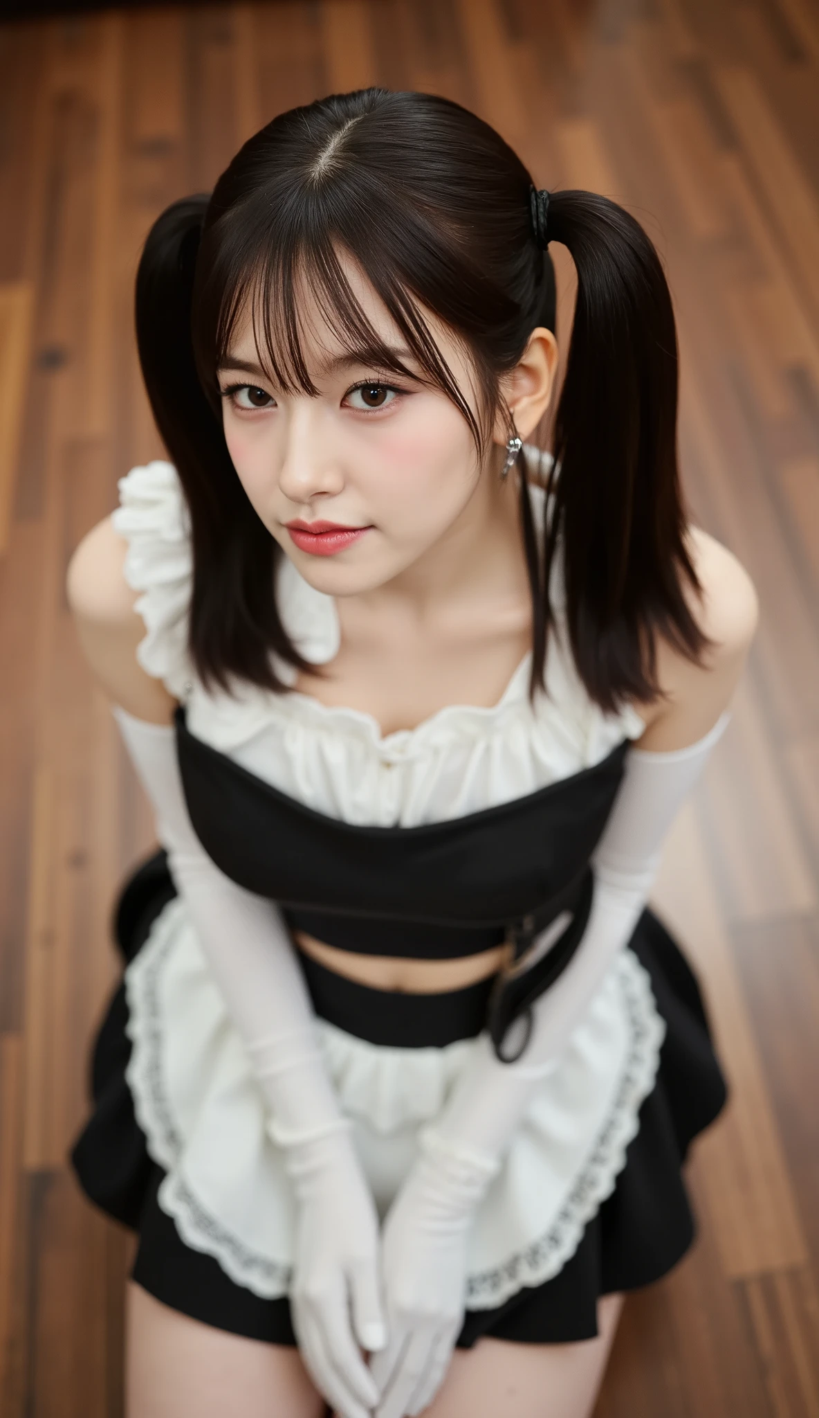 32k, Masterpiece, top quality, ( Korea's Beautiful Woman) High-angle, close-up view, pigtails, maid outfit, white top, black bodice, short skirt, lace, kneeling, serene expression, eyes closed, hands clasped, white gloves, wooden floor, warm lighting, indoor setting, soft romantic feel, cosplay, themed photoshoot, warm muted colors, browns, white, black.