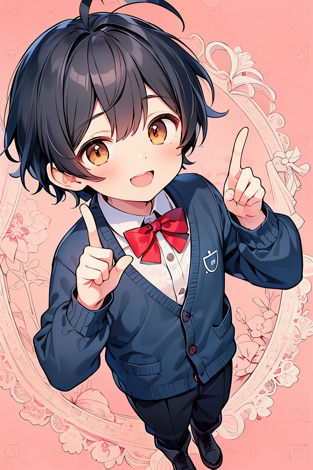 ((A boy:1.3)),((handsome Gay:1.3)),((black hair:1.25)),((short hair:1.25)),((brown eyes)),((ahoge:1.25)),(front view:1.0),(Thick clothing and long sleeves:1.1),(blue check pattern cardigan:1.1),(slacks:1.0),(tilt one's head:1.0),(pointing:1.1),//,((coralpink lace pattern background:1.1)),((Many question mark:1.0)),(looking viewer:1.0),(open your mouth:1.1), fearless smile ,Kinky laugh ,(Top view:1.0),((platform boots:1.0)),