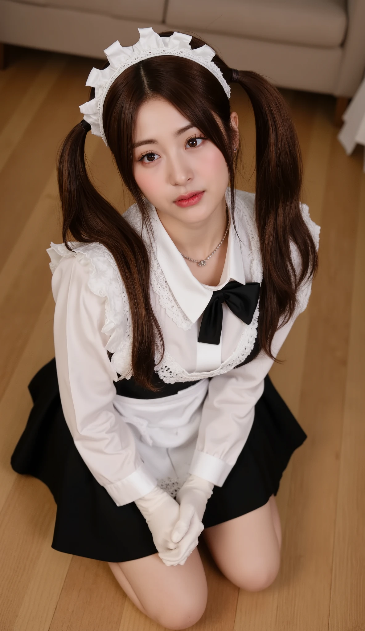 32k, Masterpiece, top quality, ( Korea's Beautiful Woman) High-angle, close-up view, pigtails, maid outfit, white top, black bodice, short skirt, lace, kneeling, serene expression, eyes closed, hands clasped, white gloves, wooden floor, warm lighting, indoor setting, soft romantic feel, cosplay, themed photoshoot, warm muted colors, browns, white, black.