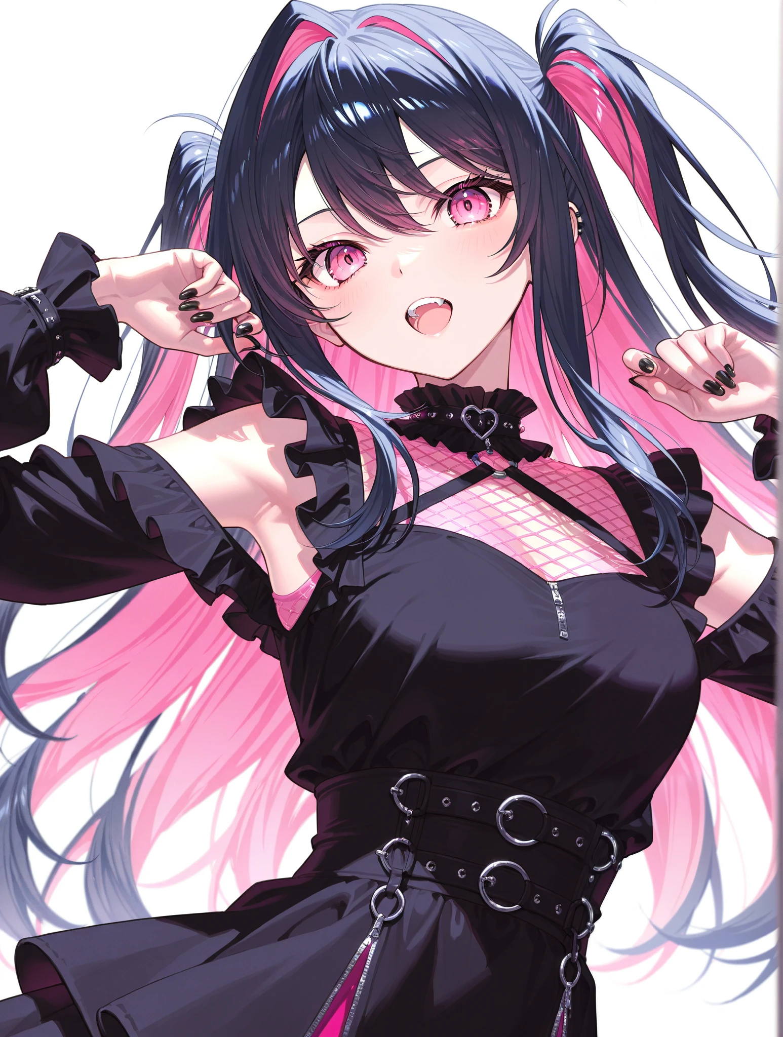 one woman、solo、 black hair、 pink inner color hair、Intake、 pink eyes、 long hair、 wave hair、 pink mesh、 frill、Black nails、 double teeth、black clothes
masterpieces、 top quality、