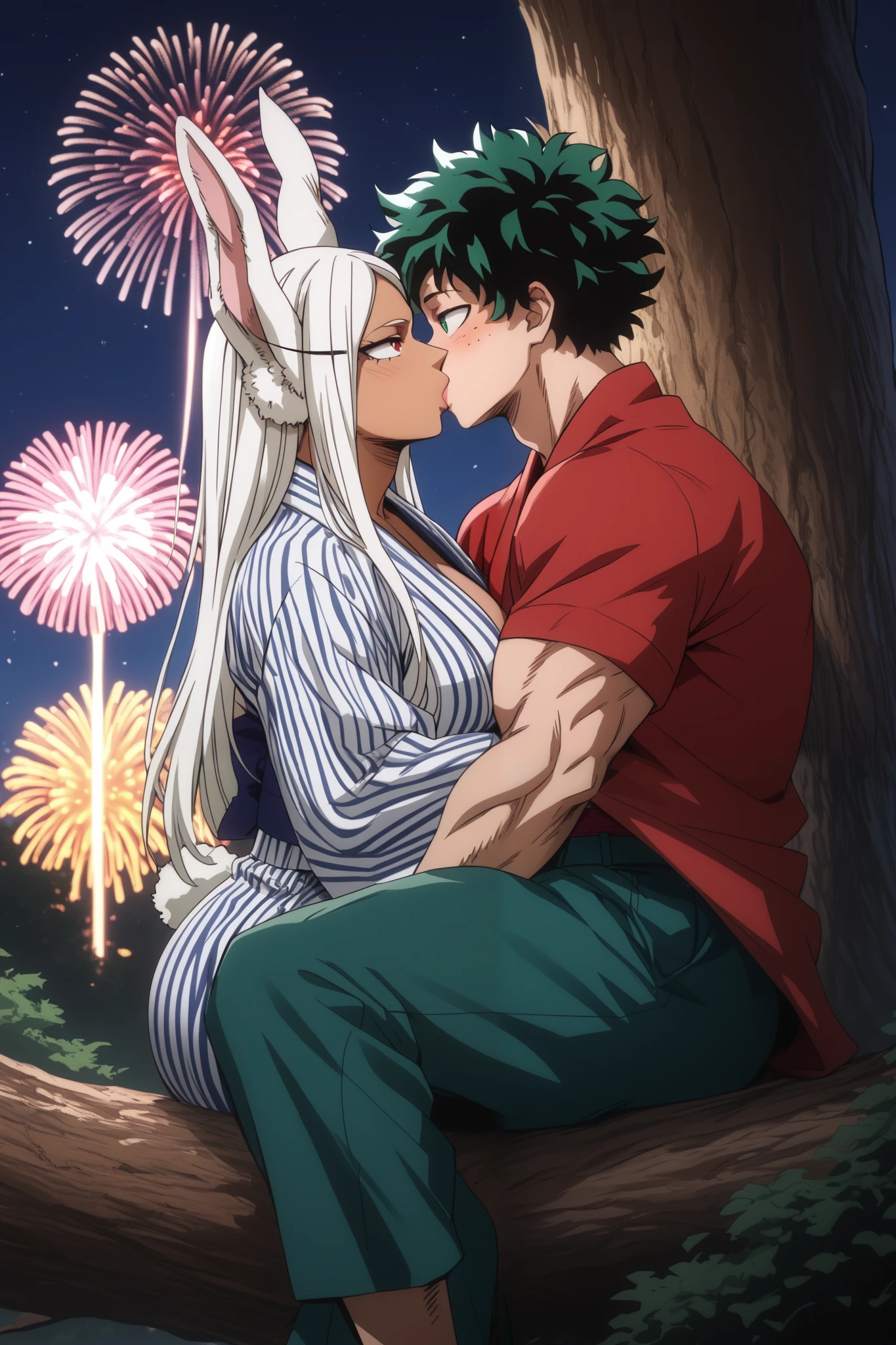 izuku_midoriya, white skinned male , big dick , green hair, green eyes, short hair male , rumi usagiyama, long hair, animal ears, white hair, dark skin, rabbit ears, dark-skinned female, muscular, rabbit girl, muscular female, red eyes, parted bangs , big ass , big tits , female wearing yukata , male wearing kimono , in the forest , fireworks in the back , male sitting against a tree , kuna2 , male and female fully clothed , kissing